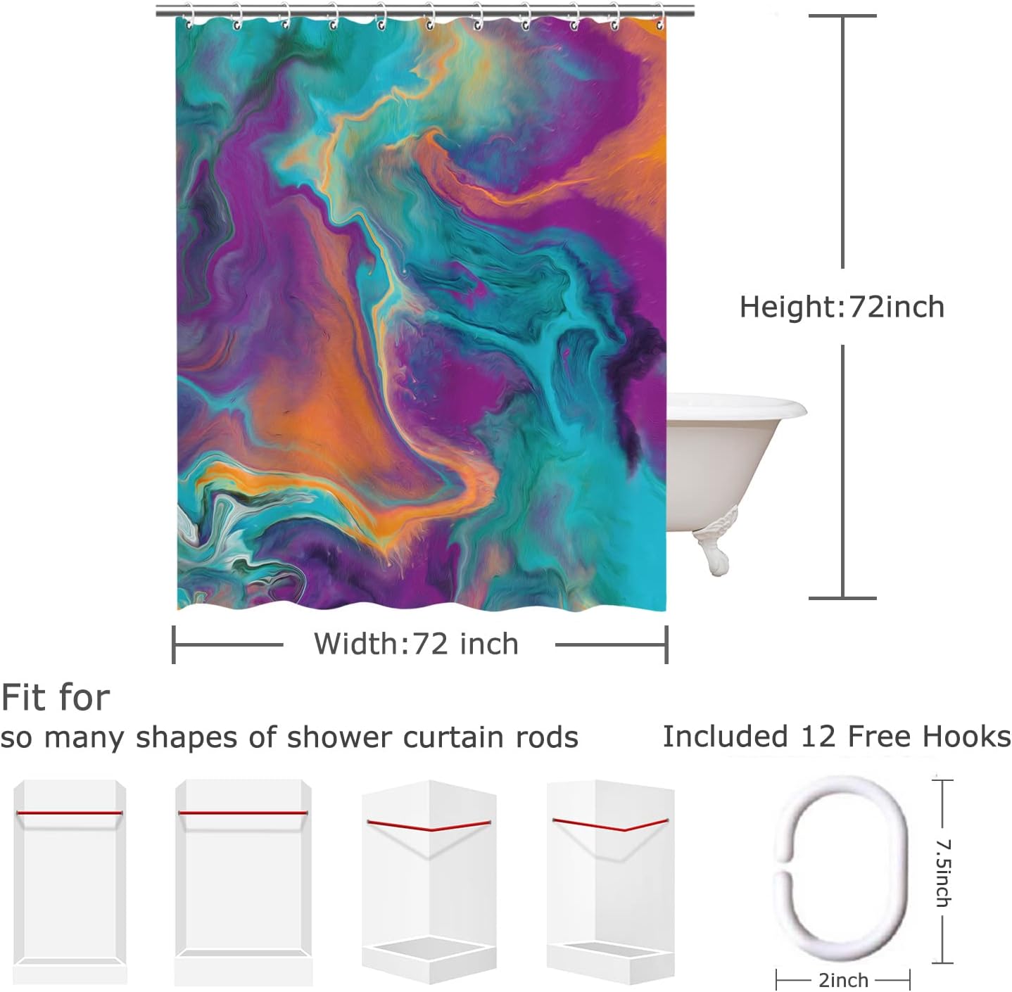 RosieLily Abstract Shower Curtain Sets with 12 Hooks in Orange Teal and Purple