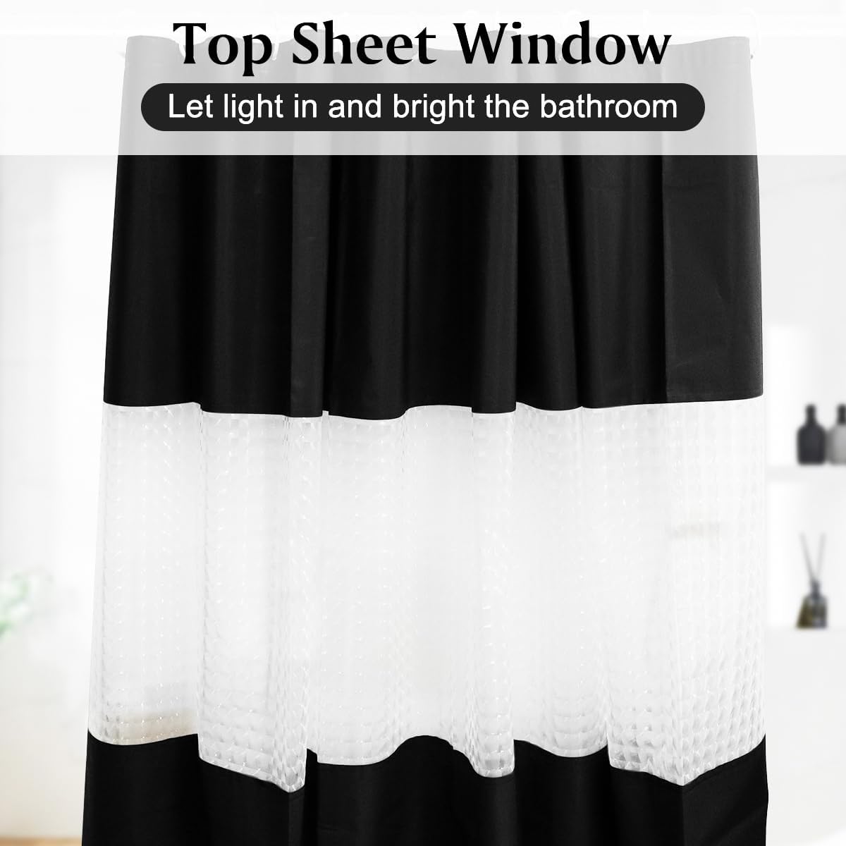 Timecity Black PEVA Shower Curtain with 12 White Hooks
