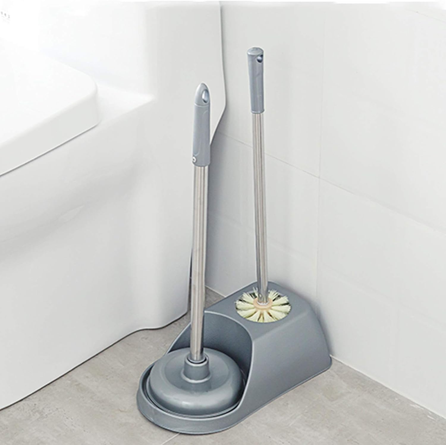 HEXEH Toilet Brush and Plunger Set with Holder GreyBrown