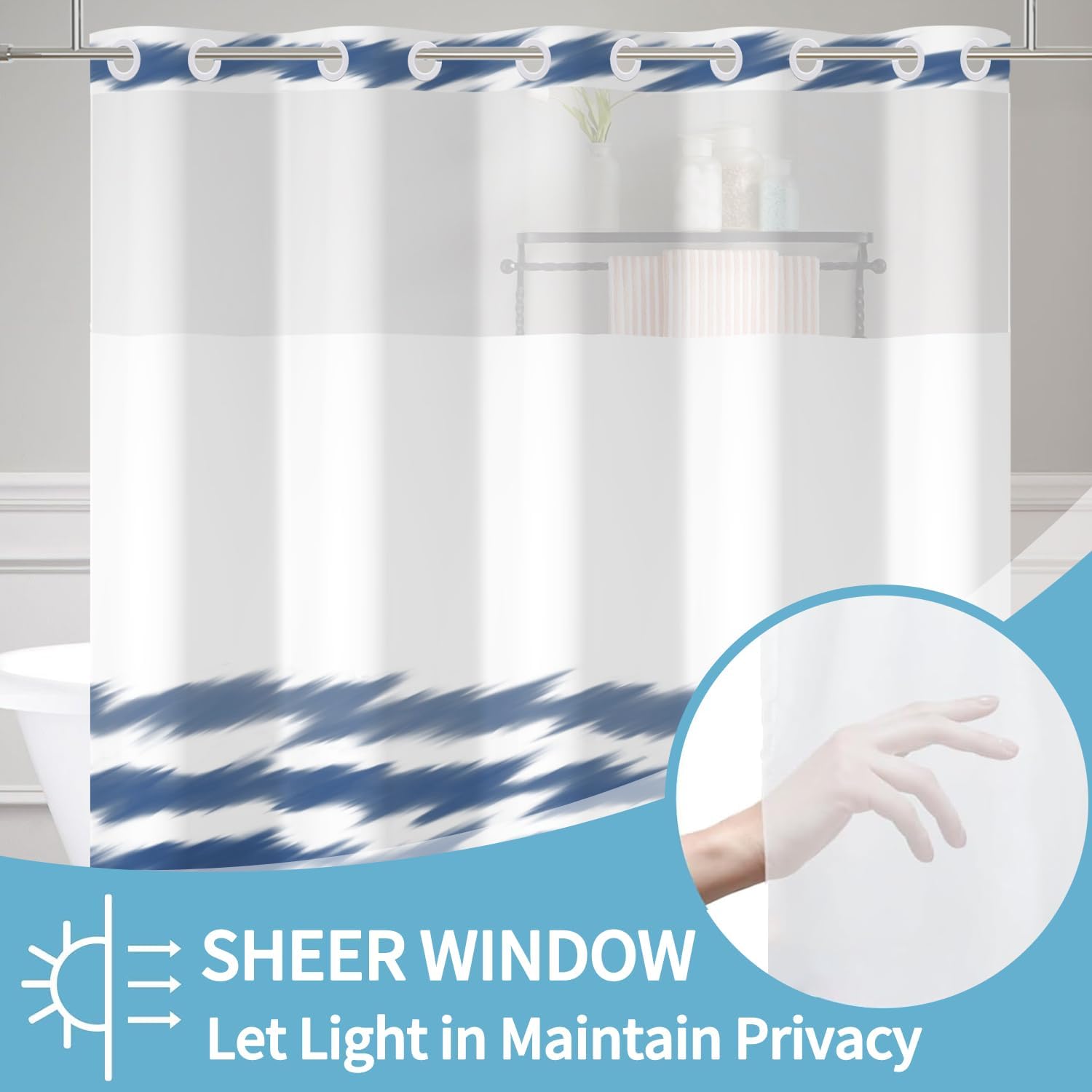 No Hook Blue Striped Shower Curtain Set with Snap Liner and Mesh