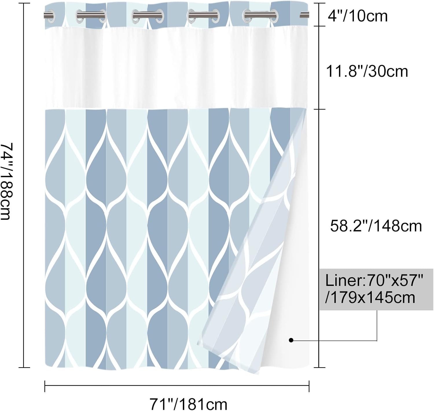 Yiatn No Hook Dark Blue Double Shower Curtain with Mesh Top Window