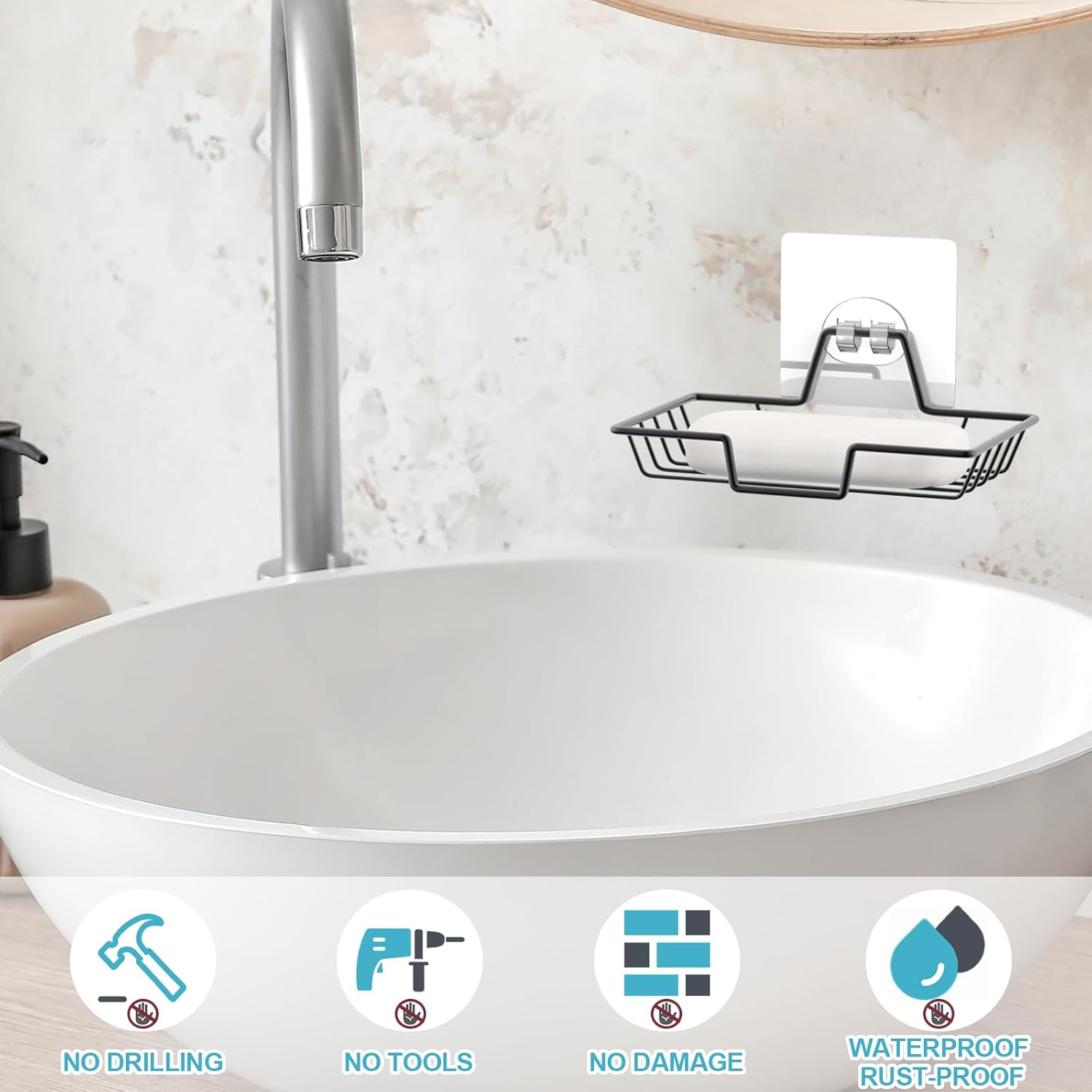 LBshmao-D Soap Dish Holder - No Drilling Rustproof Wall Mount Black