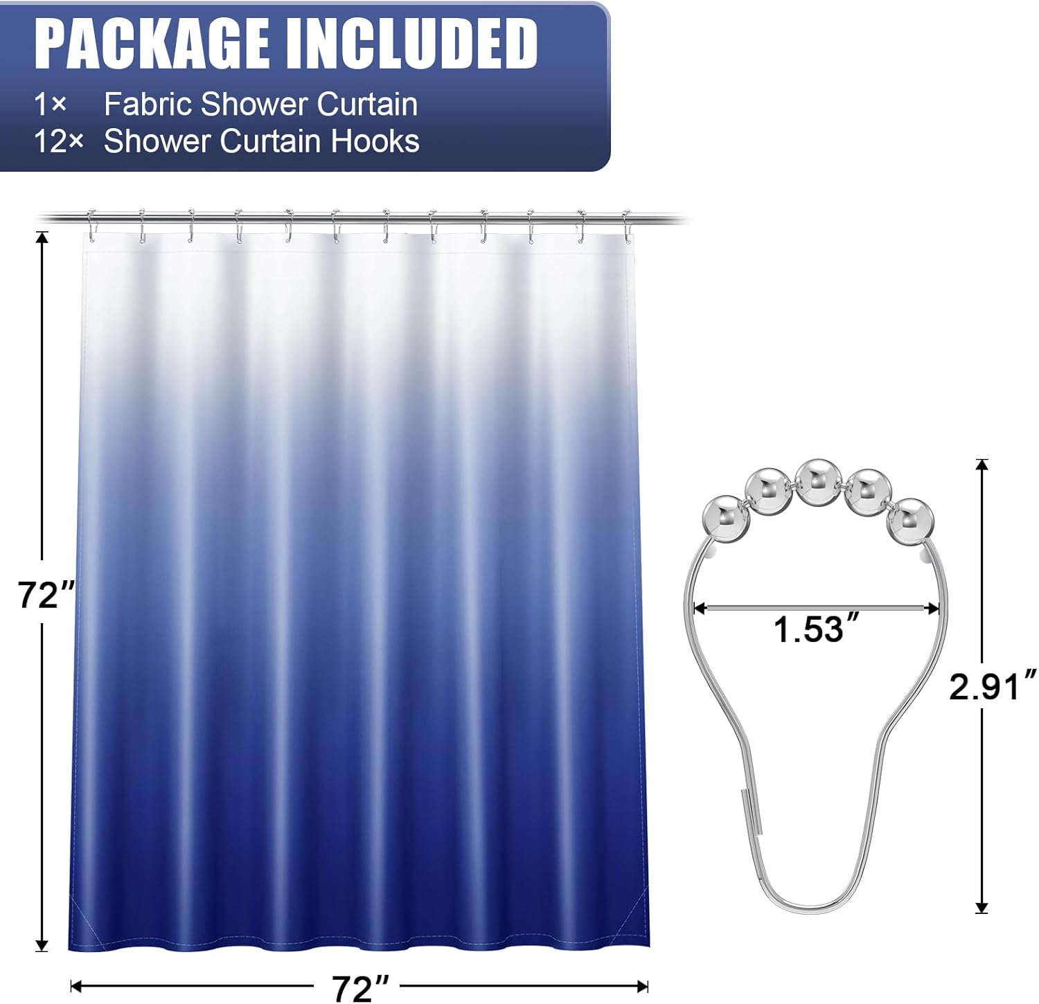 OLANLY Luxury Royal Blue Ombre Shower Curtain Set with 12 Hooks 72x72 Inches