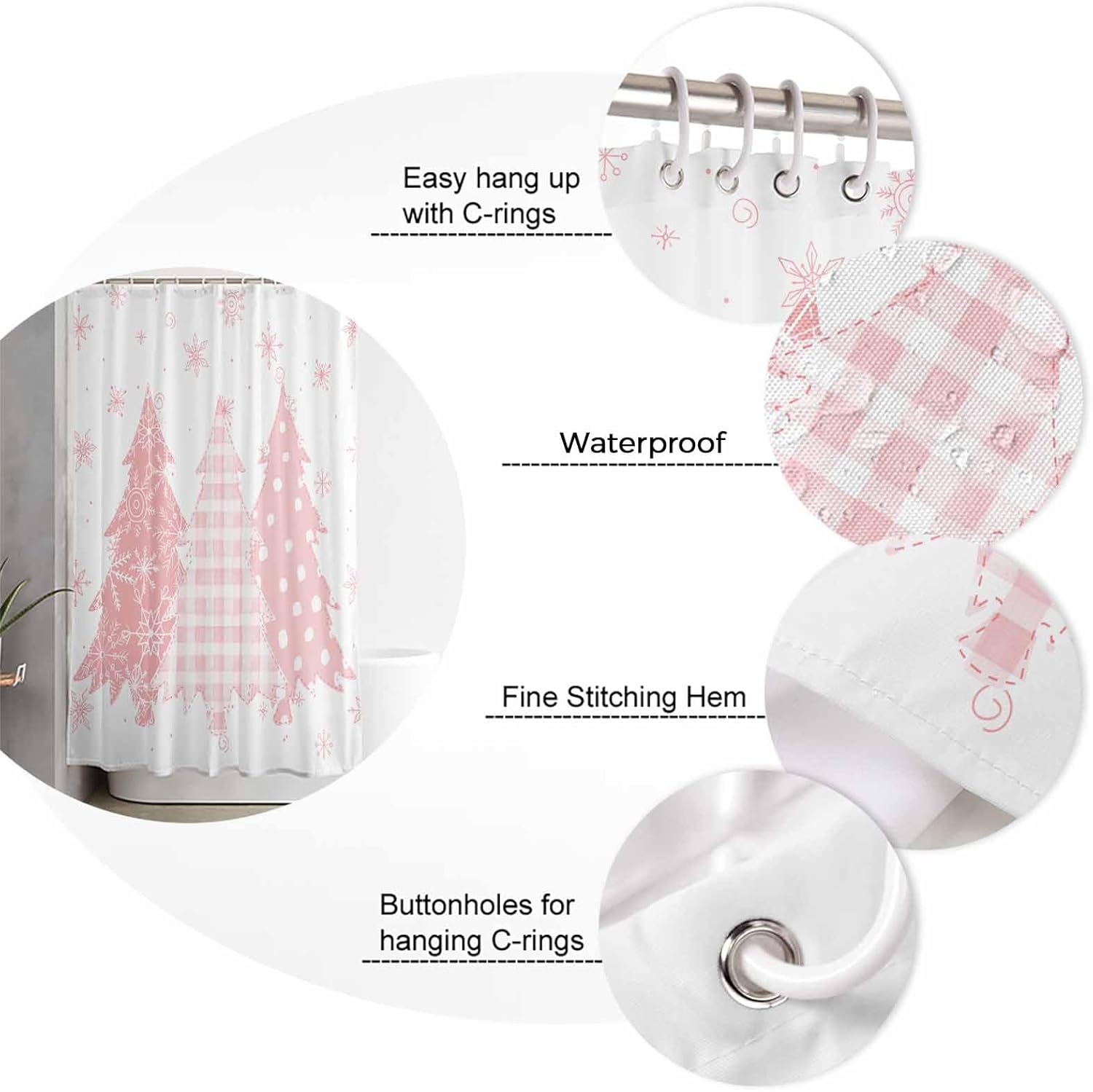 ZOE GARDEN Pink Christmas Tree Shower Curtain Set 72x72