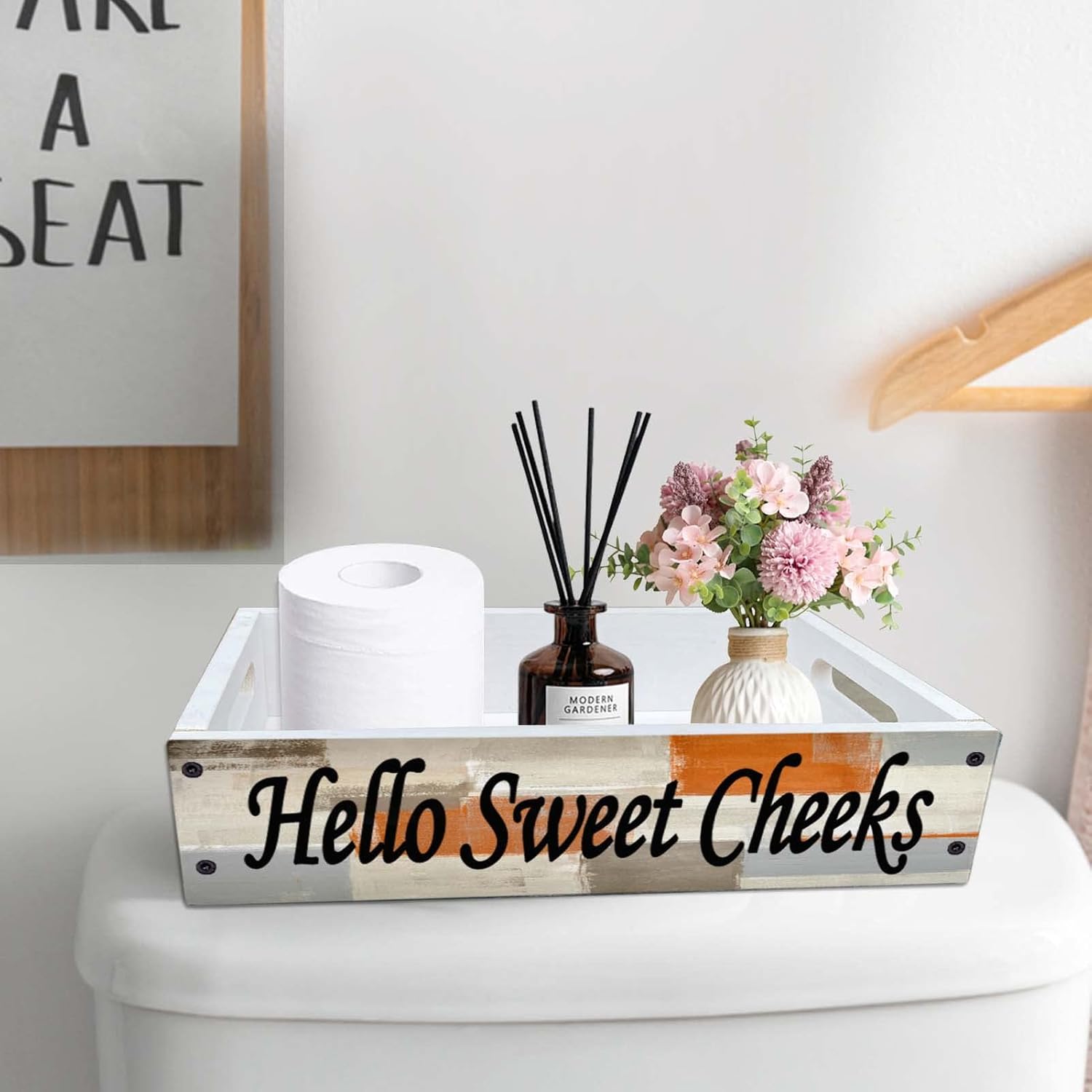 Lnond Rustic Wooden Toilet Paper Basket with Handles Orange