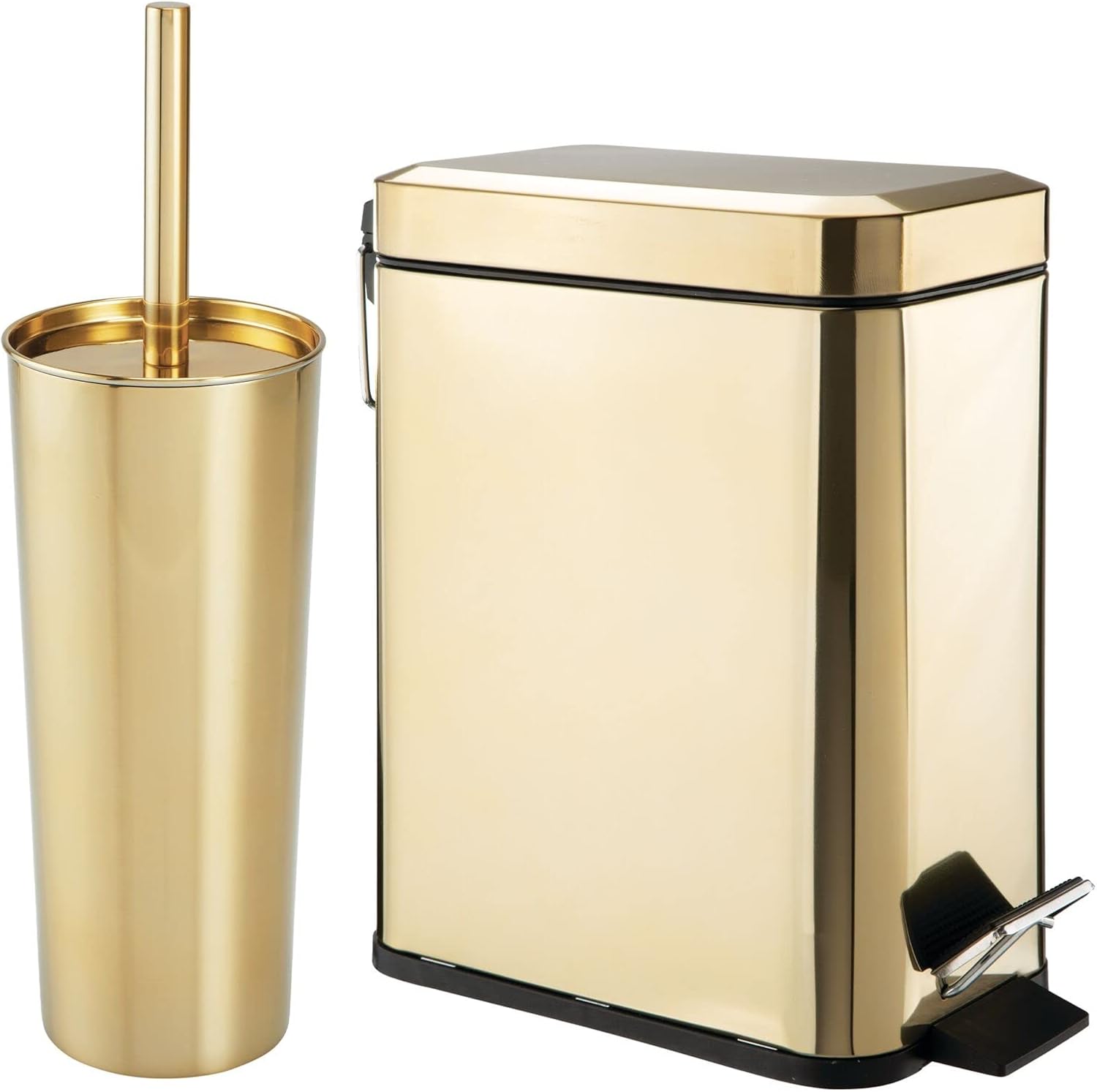 mDesign Metal Toilet Brush with Holder and Step Pedal Trash Can Set