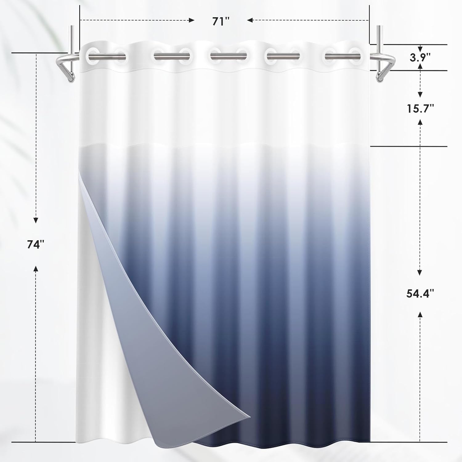 Nesphy No Hook Navy Blue Ombre Shower Curtain Set 1