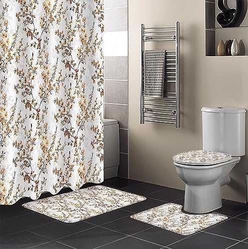 ZOE GARDEN Brown Flower Leaves Shower Curtain Set