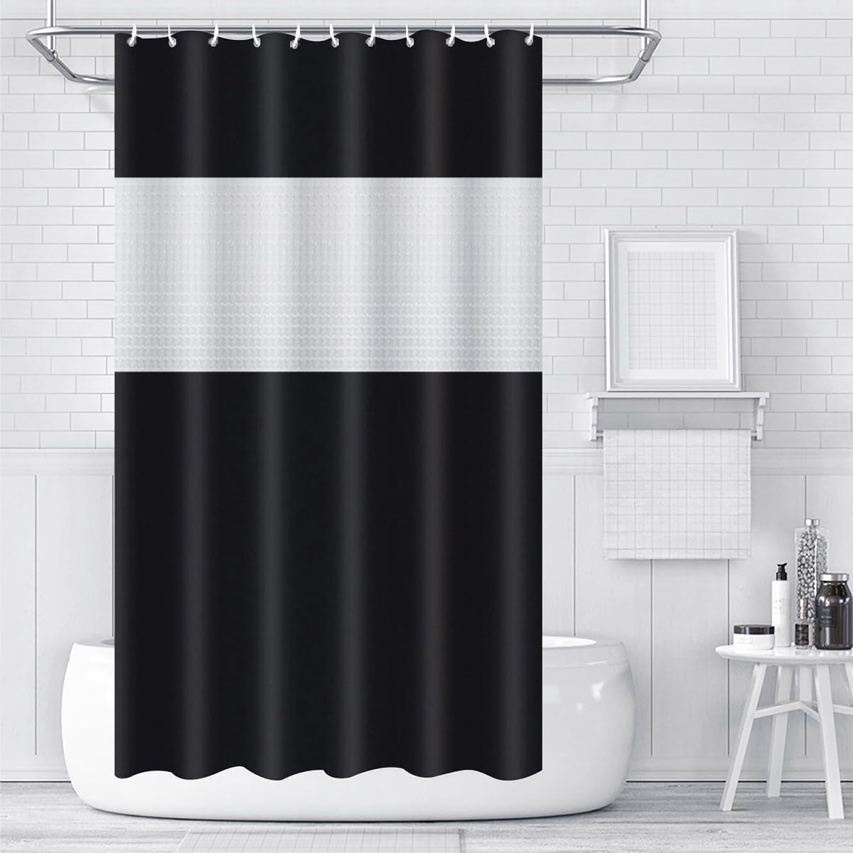 Timecity Black PEVA Shower Curtain with 12 White Hooks