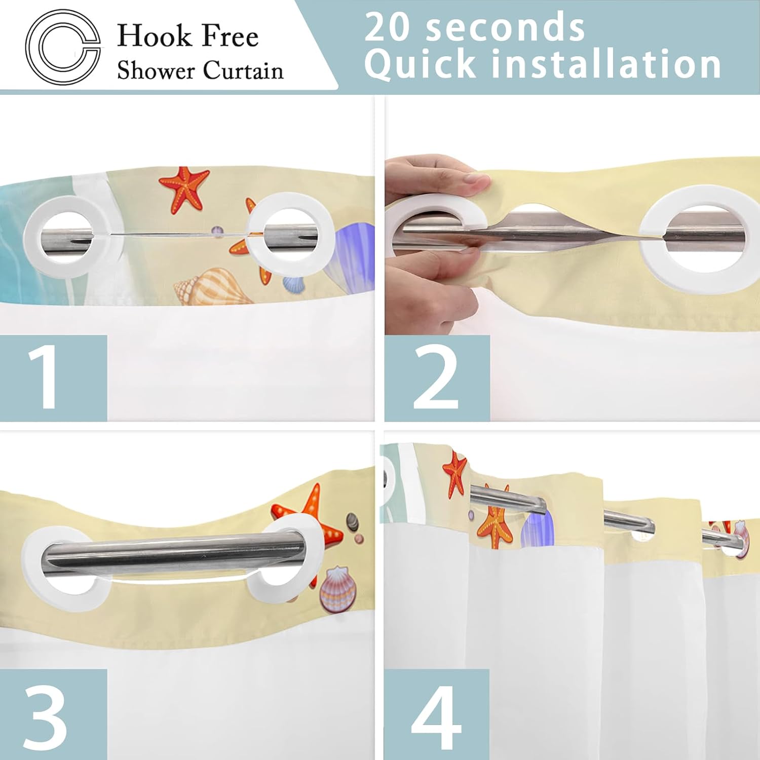 No Hook Beach Shower Curtain Set with Snap Liner 71x74 Inches