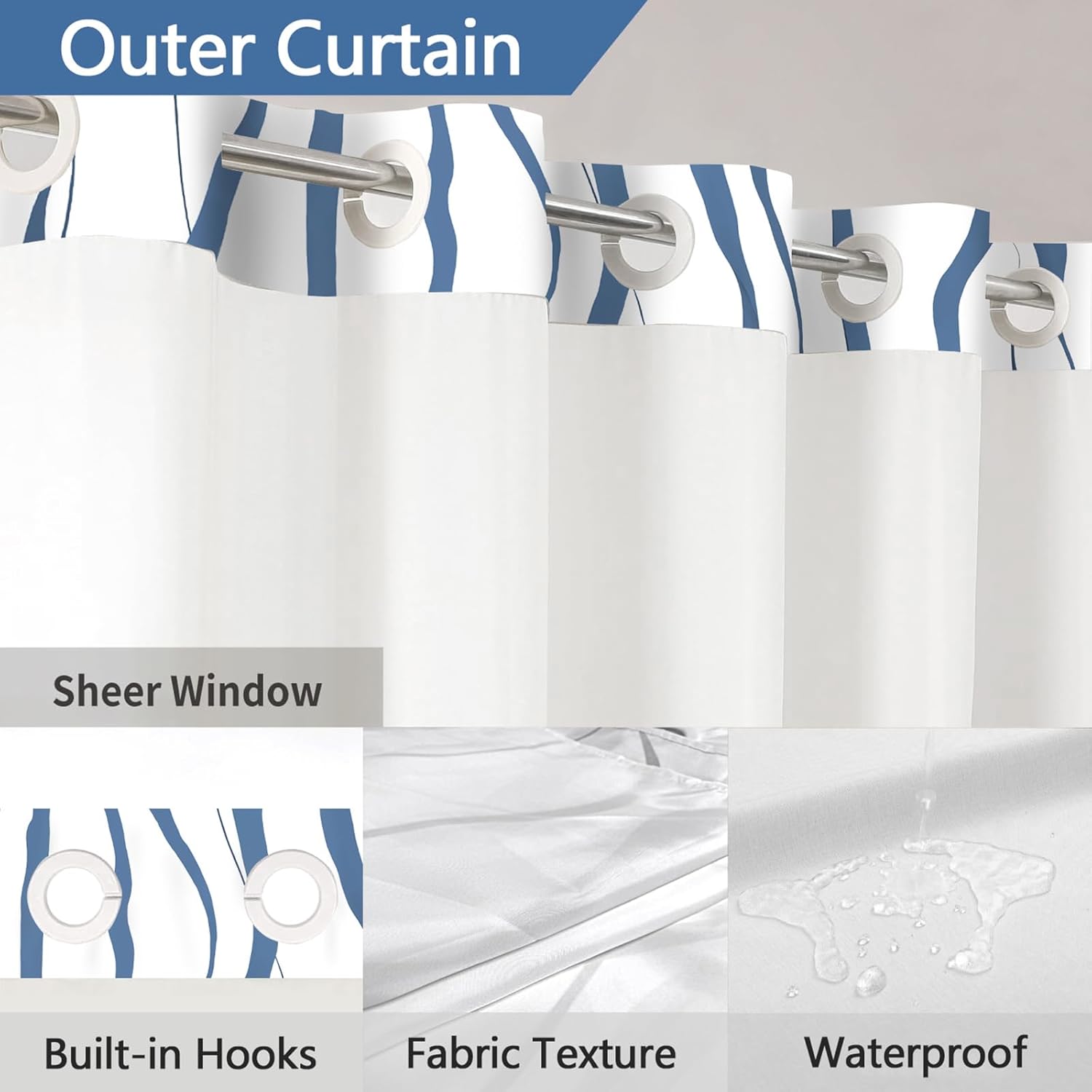 71x84 Inches White Hotel Style Shower Curtain Set with Blue Striped Design