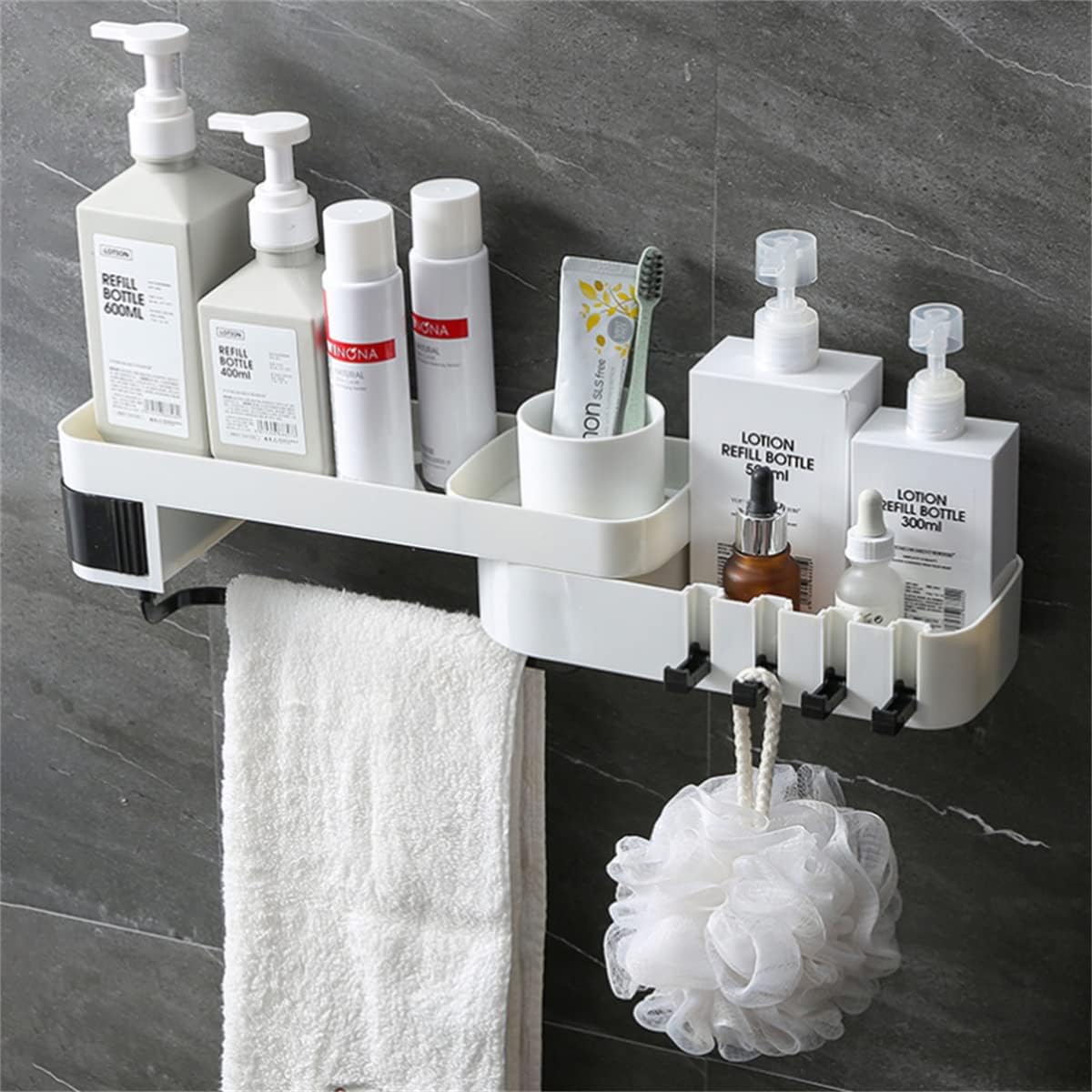 OWOT Adhesive Shower Caddy with 4 Hooks and Expandable Design