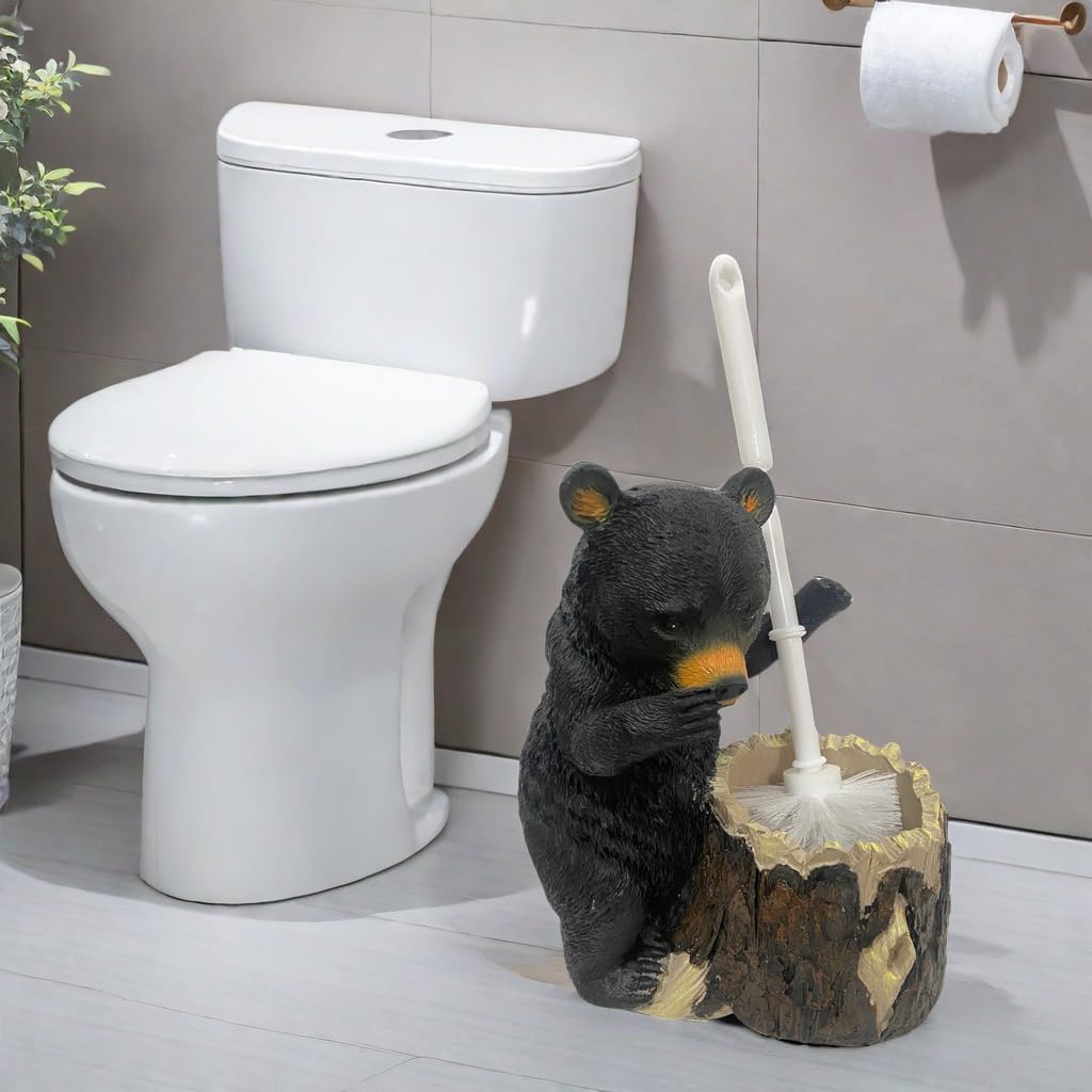 Whimsical Black Bear Toilet Brush Holder Set