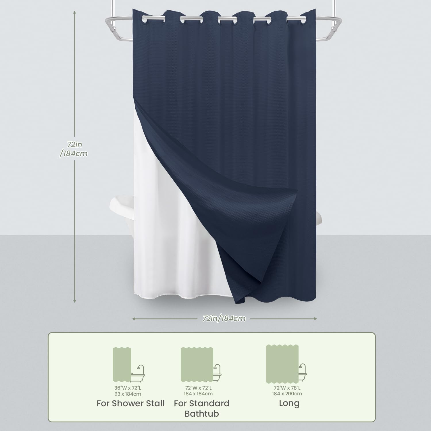 Inhousolu No Hook Waffle Weave Shower Curtain Set Navy Blue