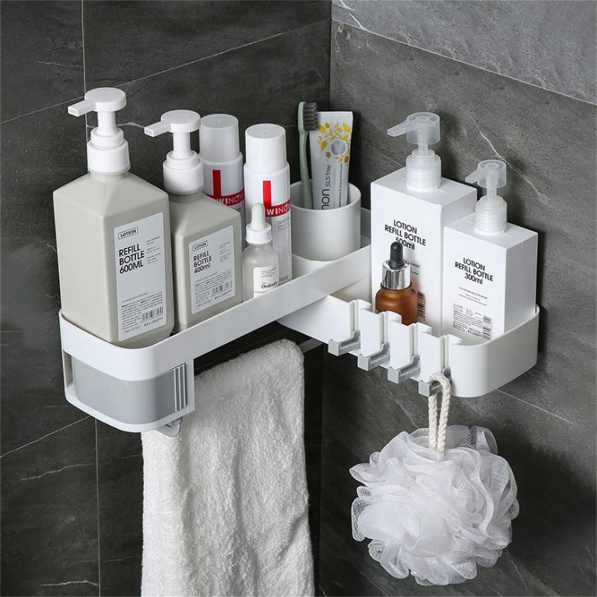 OWOT Adhesive Shower Caddy with 4 Hooks and Expandable Design