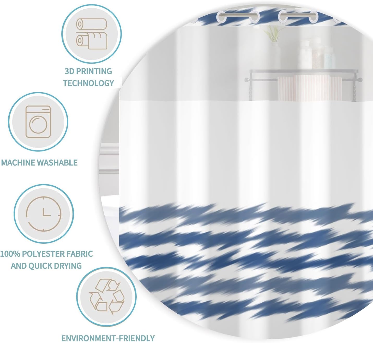 No Hook Blue Striped Shower Curtain Set with Snap Liner and Mesh