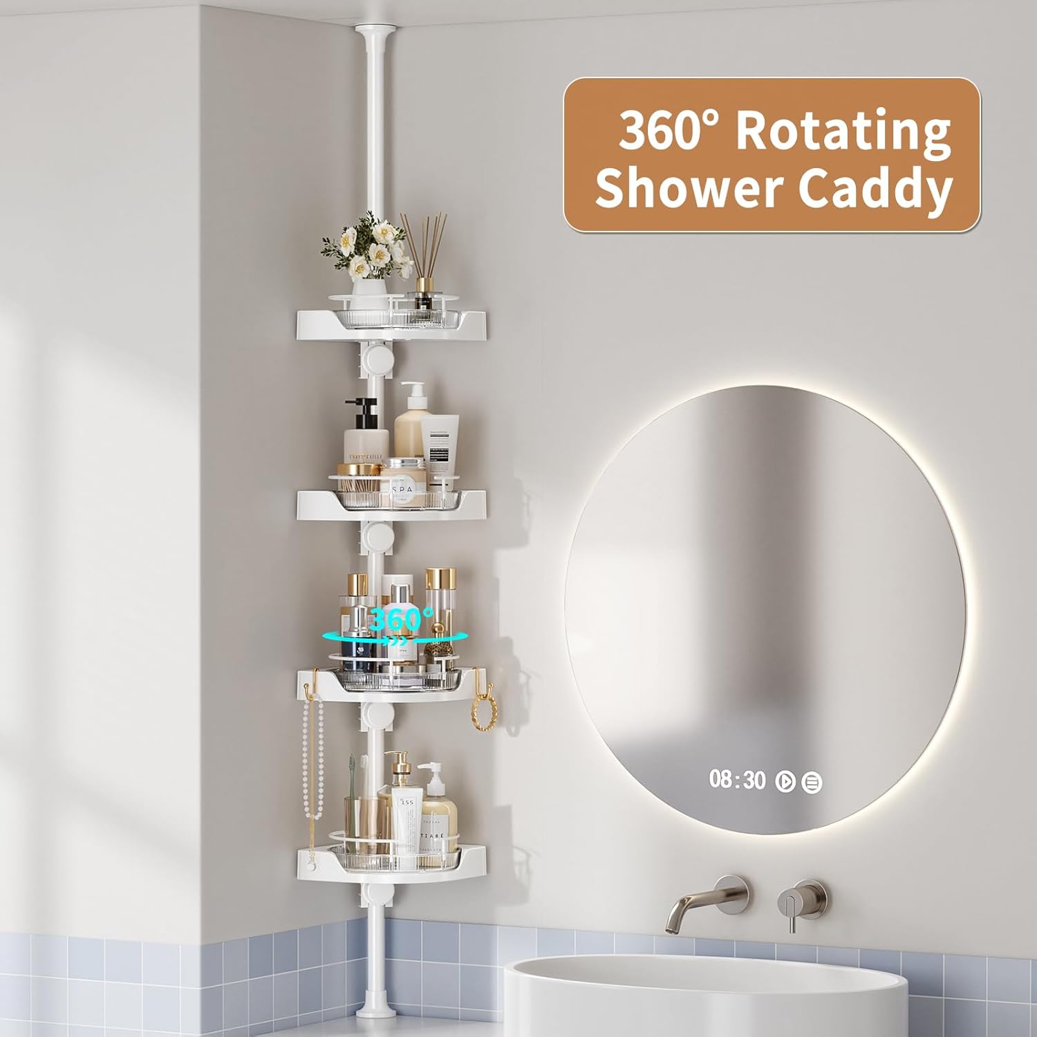Shuang Qing 4-Tier Rotating Shower Caddy with Safety Guardrail