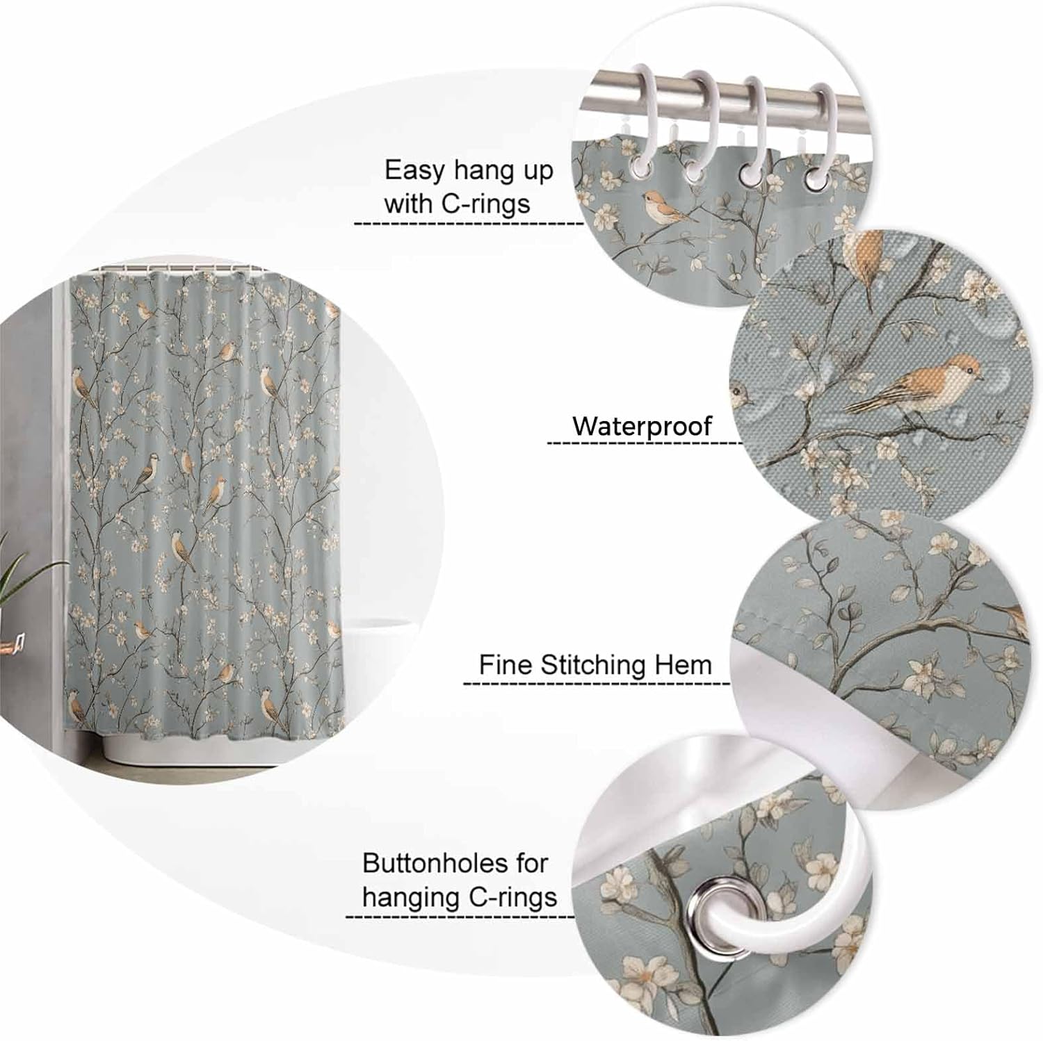 ZOE GARDEN Tree Birds Shower Curtain Set