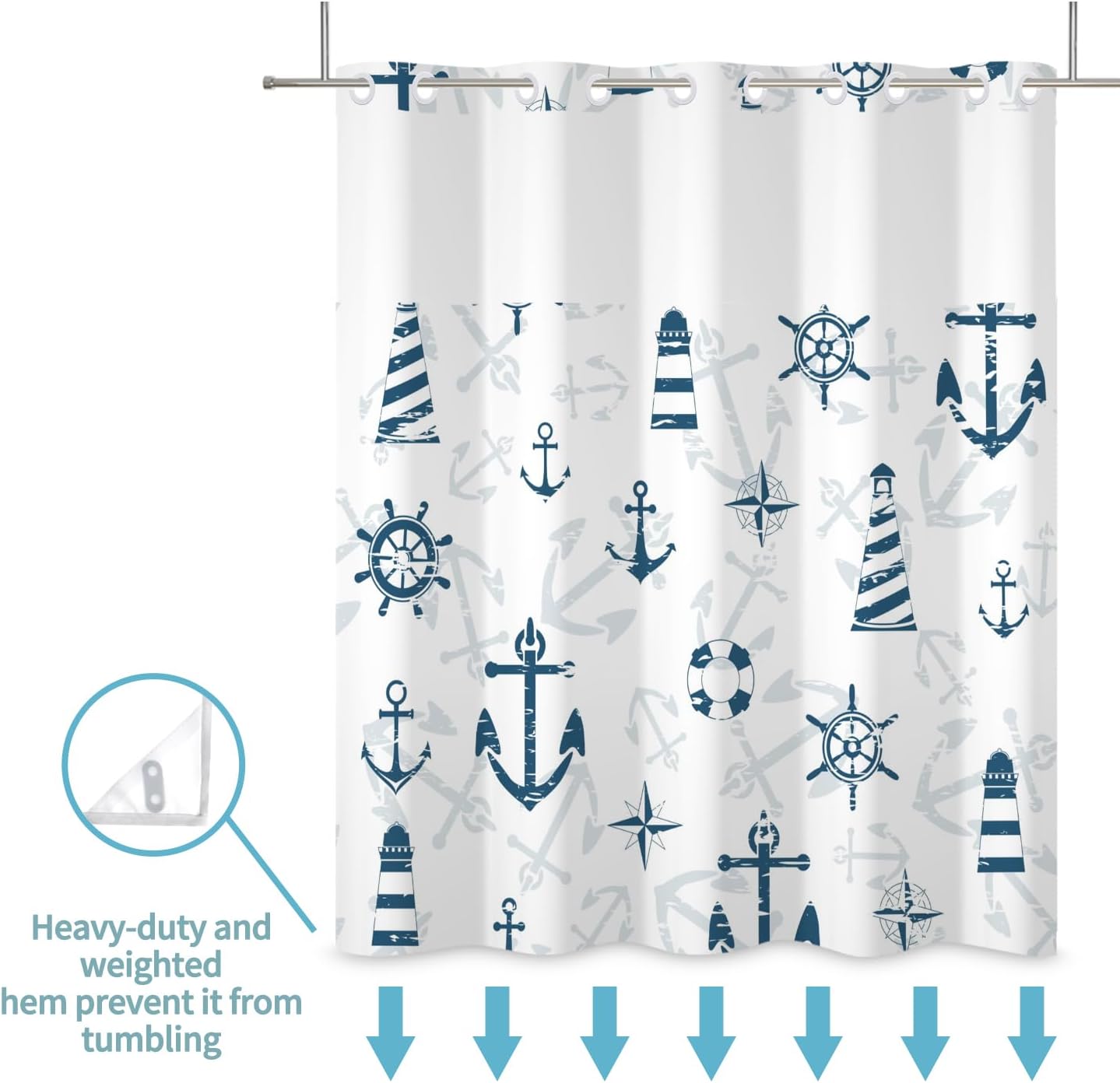 Nautical Shower Curtain Set with Snap Liner and No Hooks