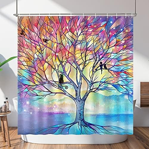 Lokigo Modern Tree and Birds Shower Curtain with 12 Hooks