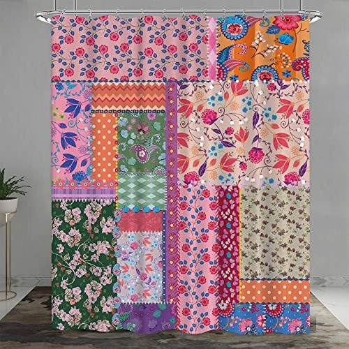 Laifzere Patchwork Boho Floral Shower Curtain Set 60x72 Inch with Hooks