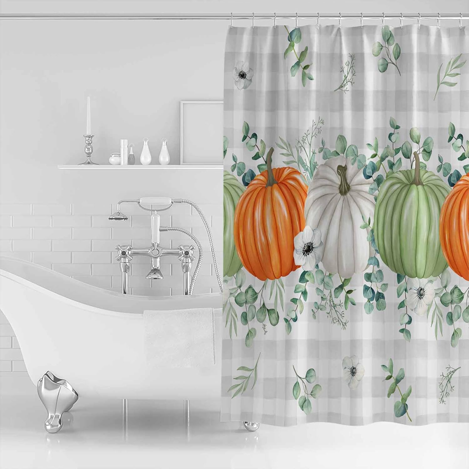 ZOE GARDEN Orange Green White Pumpkin Shower Curtain Set with Hook 48x72