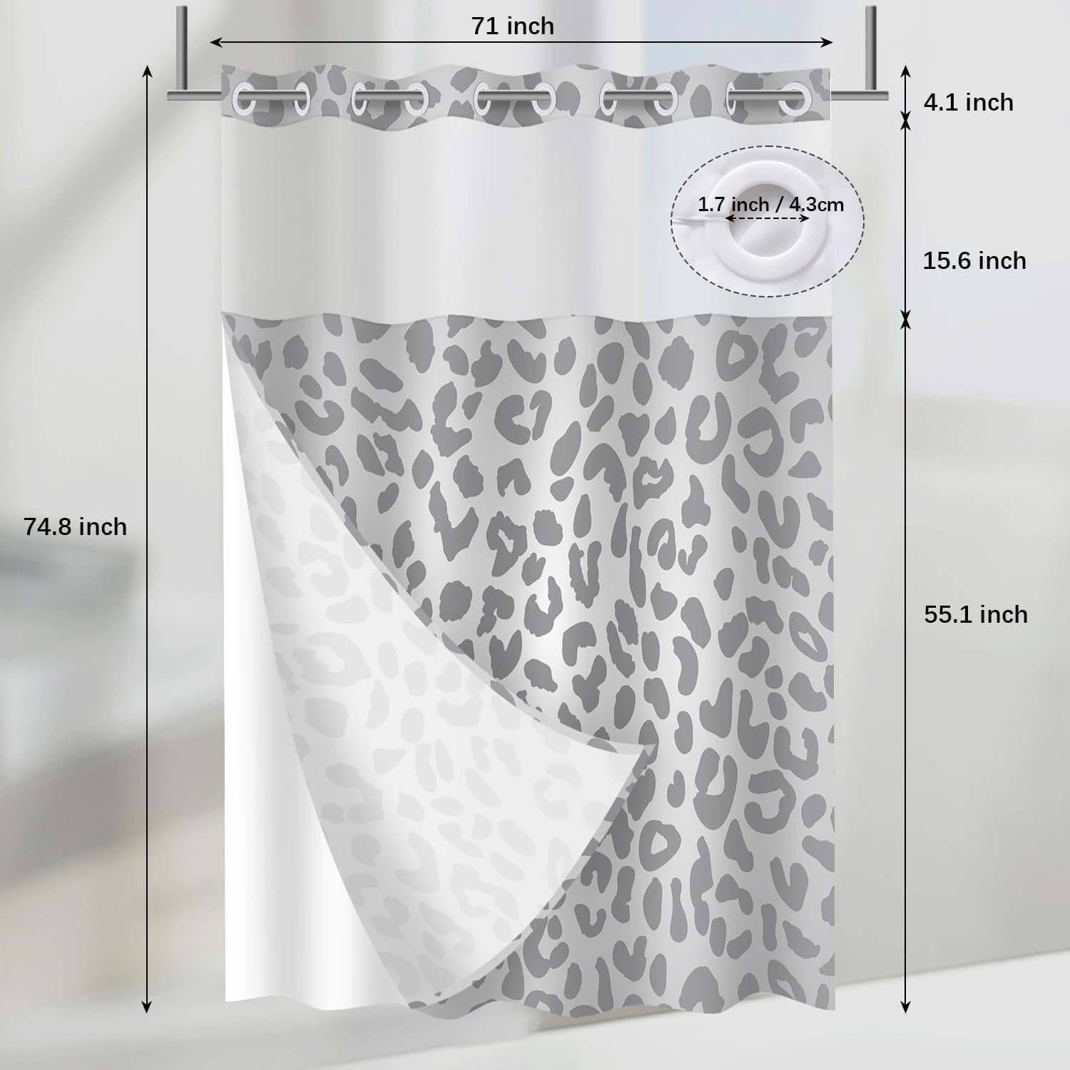 Cognitixx No Hook Shower Curtain Set Snow White and Leopard Grey Scale