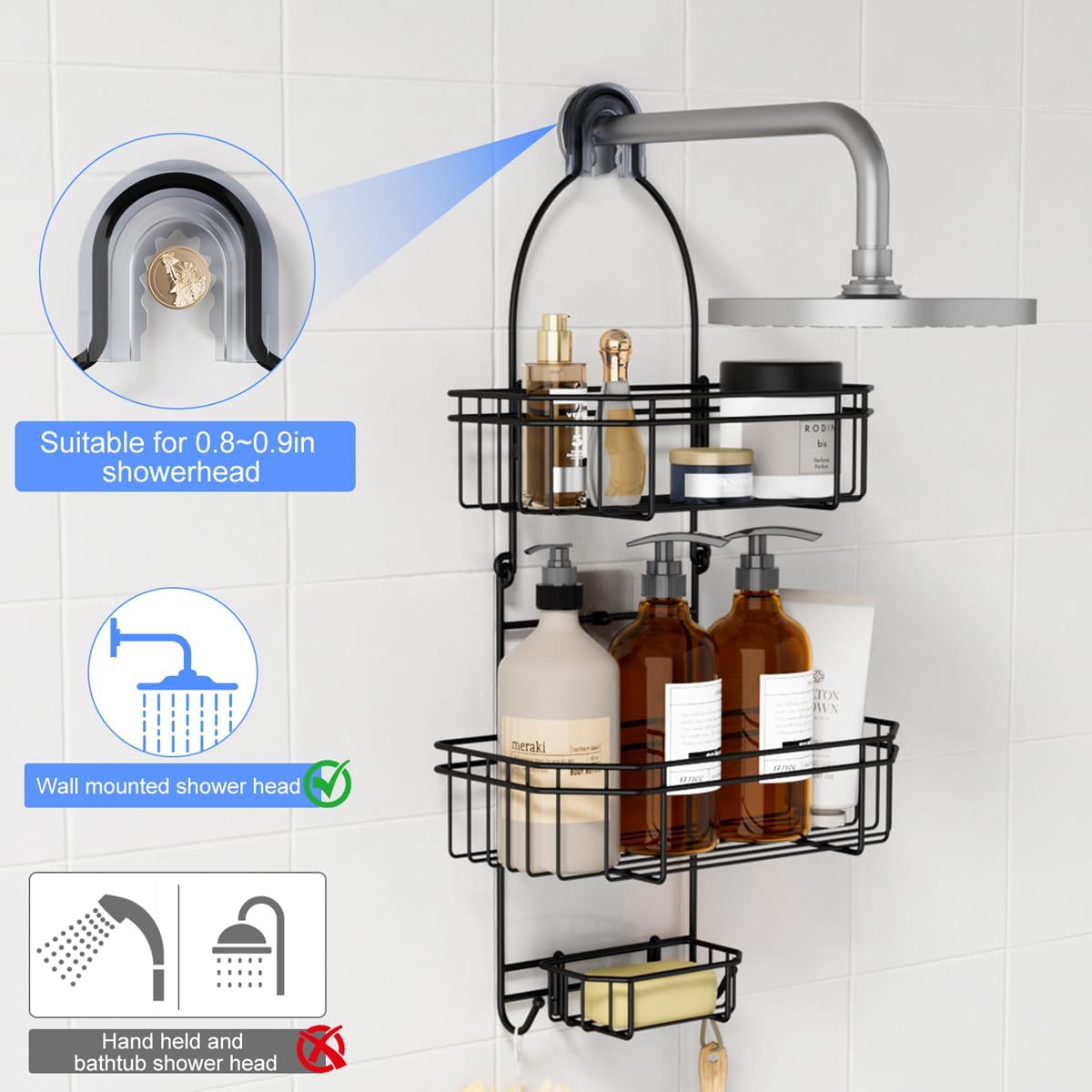 LEEDA 3-Tier Hanging Shower Caddy with Soap Basket