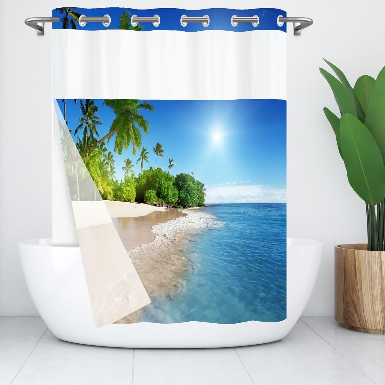 Mimihome No Hook Shower Curtain with Snap Liner Ocean Blue 71x74 Inches