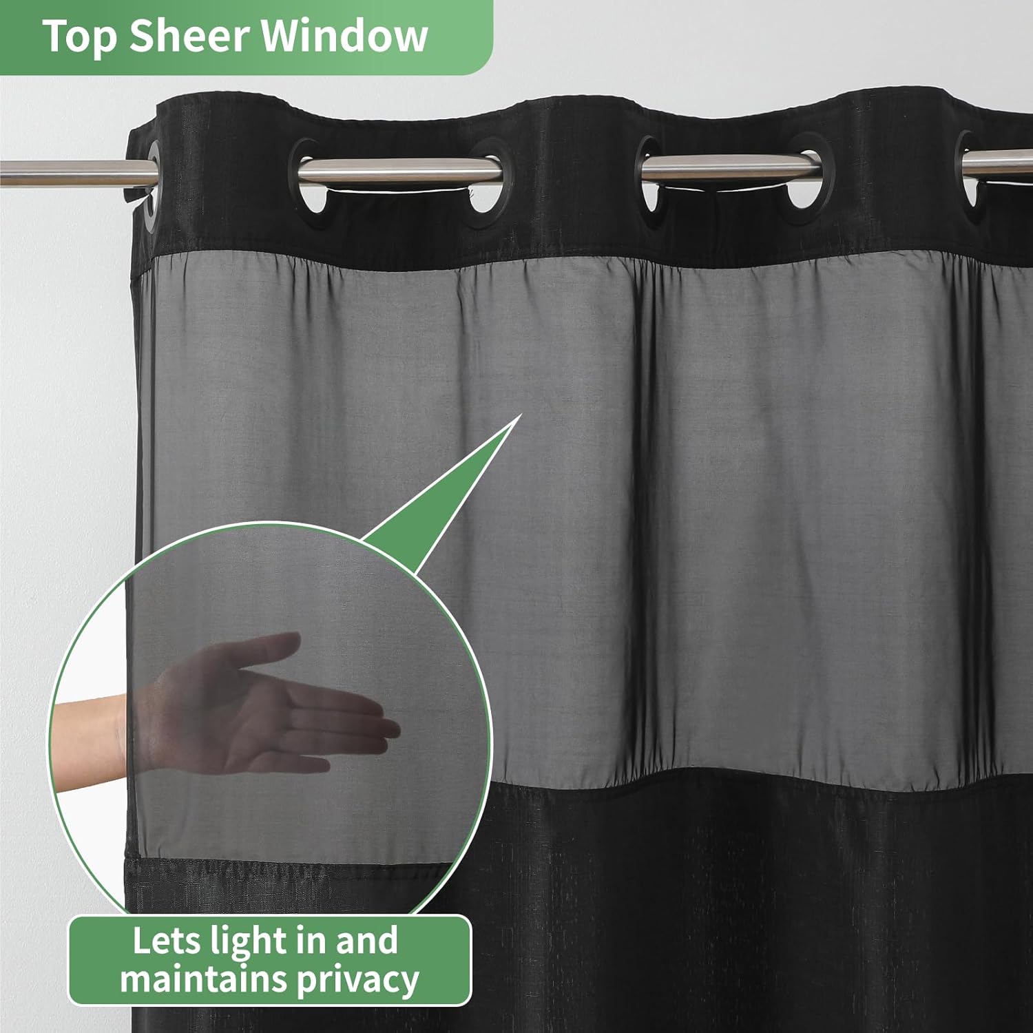 Black Slub Textured Shower Curtain Set with Snap-in Liner