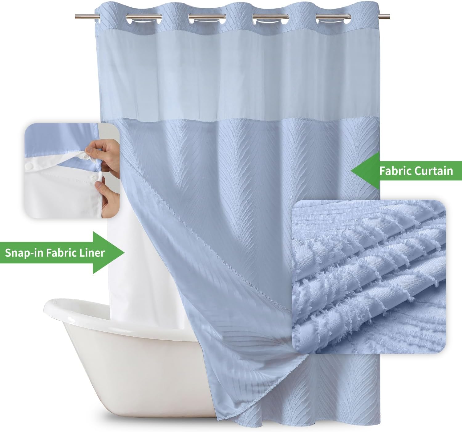 FrostBlue No Hook Boho Shower Curtain Set with Tufted Stripes