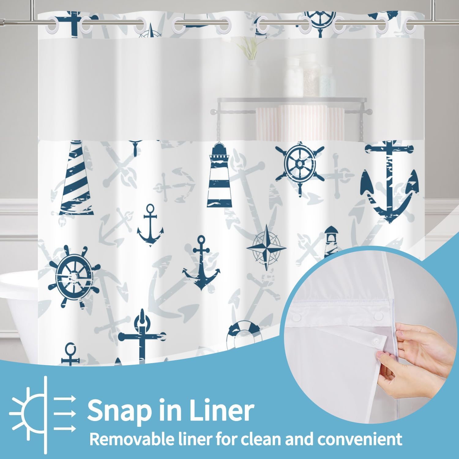 Nautical Shower Curtain Set with Snap Liner and No Hooks