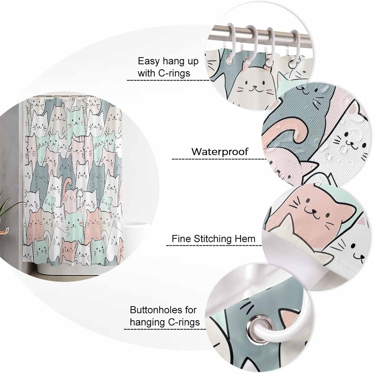 ZOE GARDEN Cartoon Cat Shower Curtain Set with Hook
