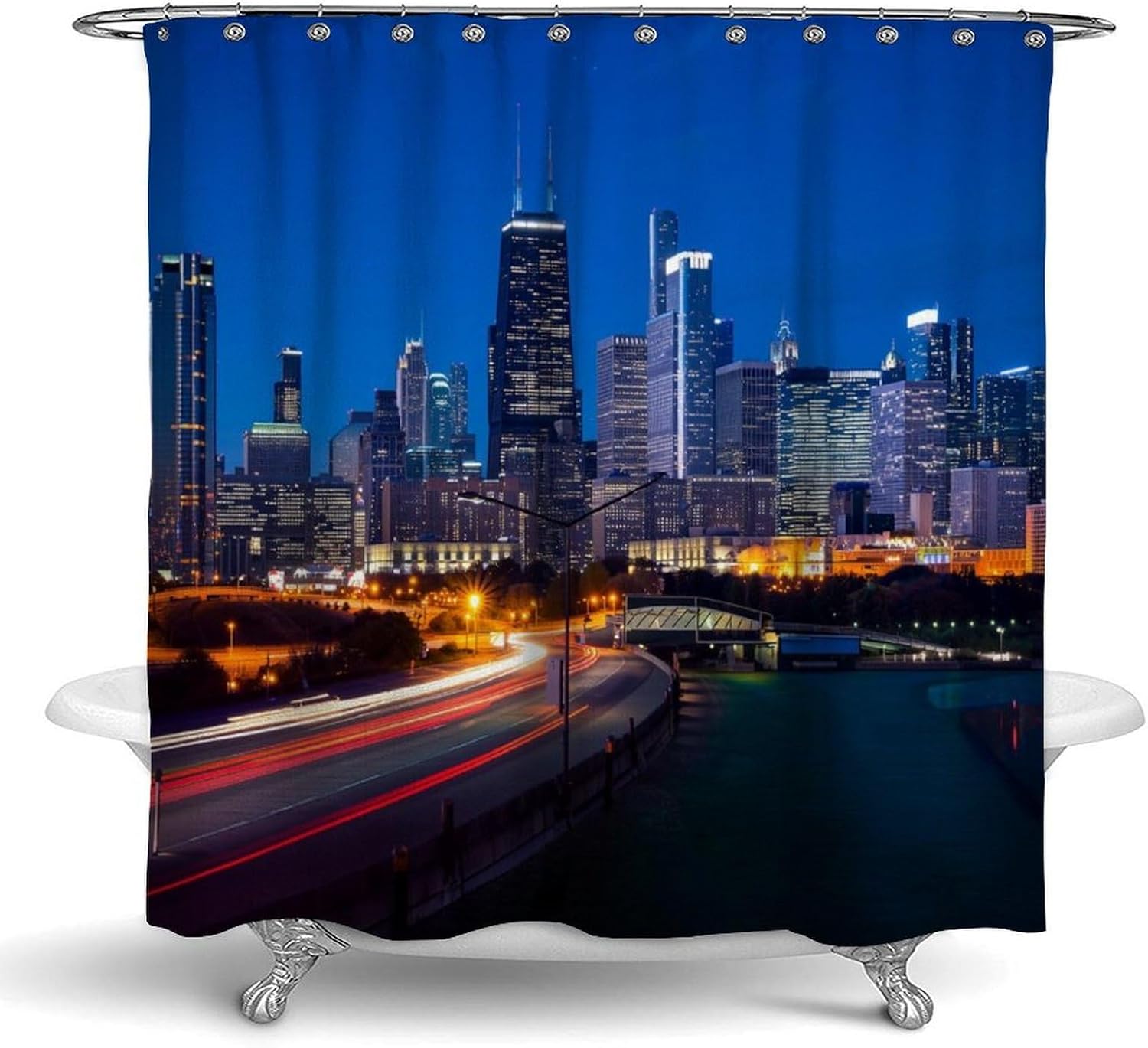 OXJOIIS Shower Curtain with 12 Hooks - Chicago City Skyline Night View Art
