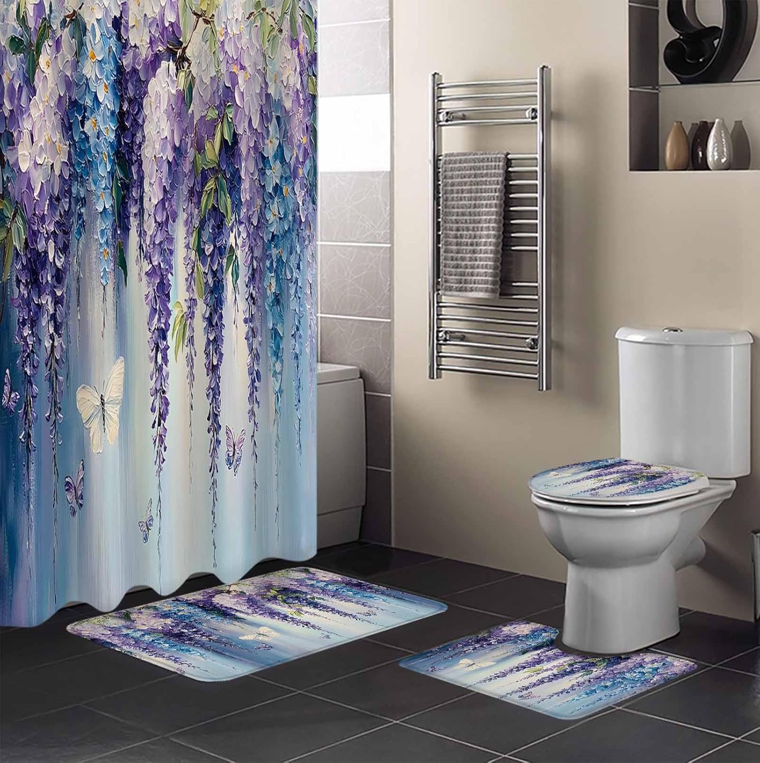 ZOE GARDEN Purple Blue Botanical Shower Curtain Set