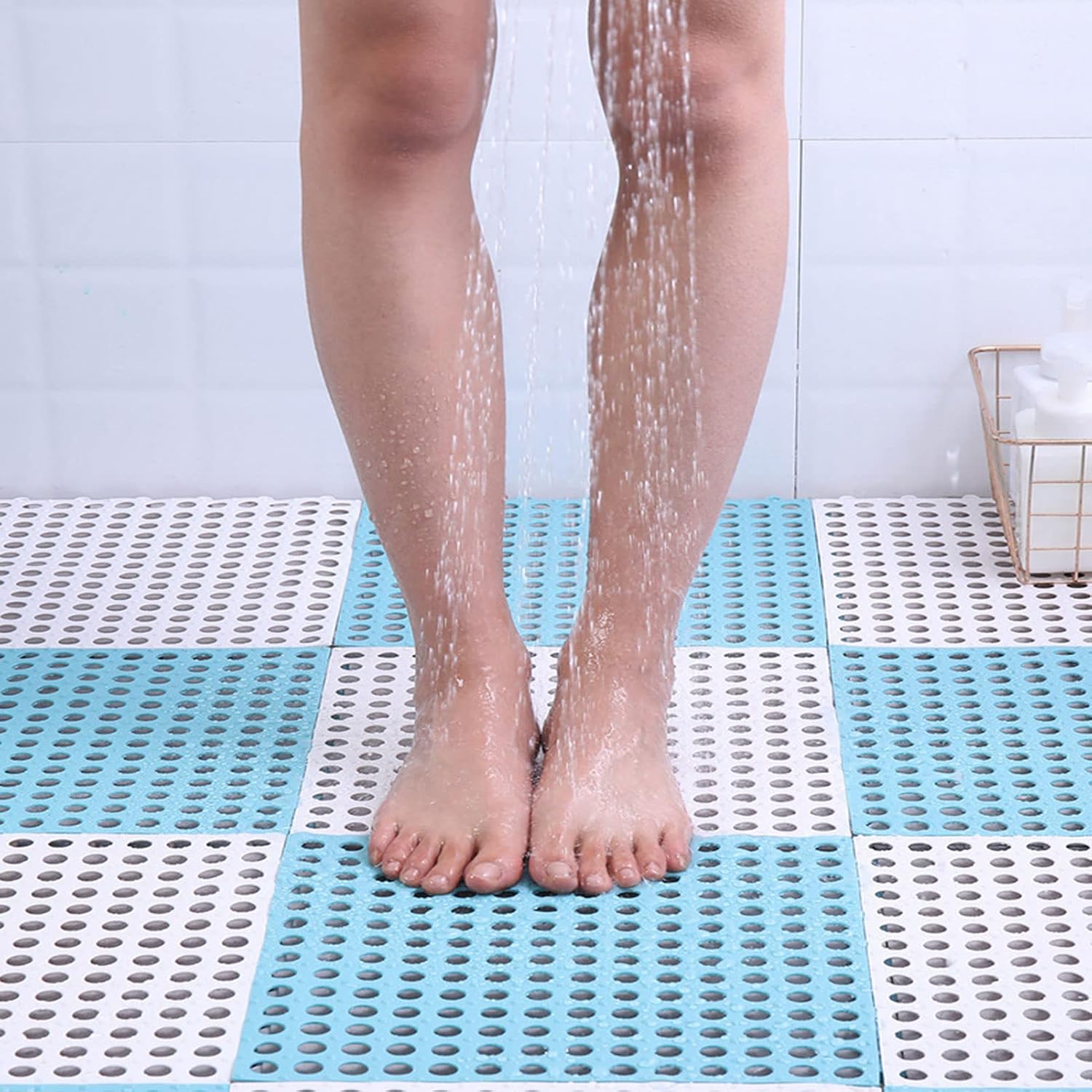 HUHJYUGE Non-Slip Square Shower Mat 12x12in with Drain Holes and Interlocking Design