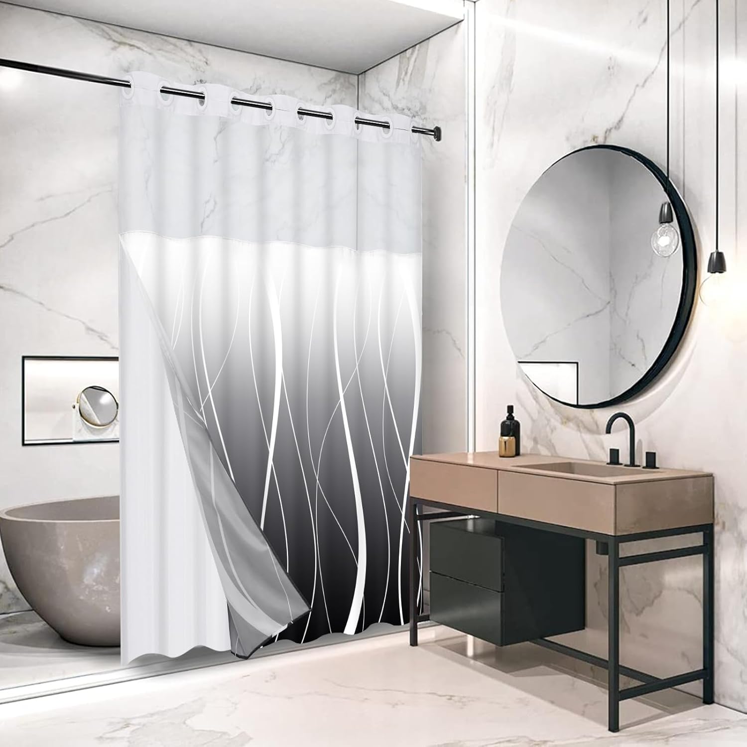 Likiyol Black Ombre No Hook Shower Curtain Set with 2Pcs Liner
