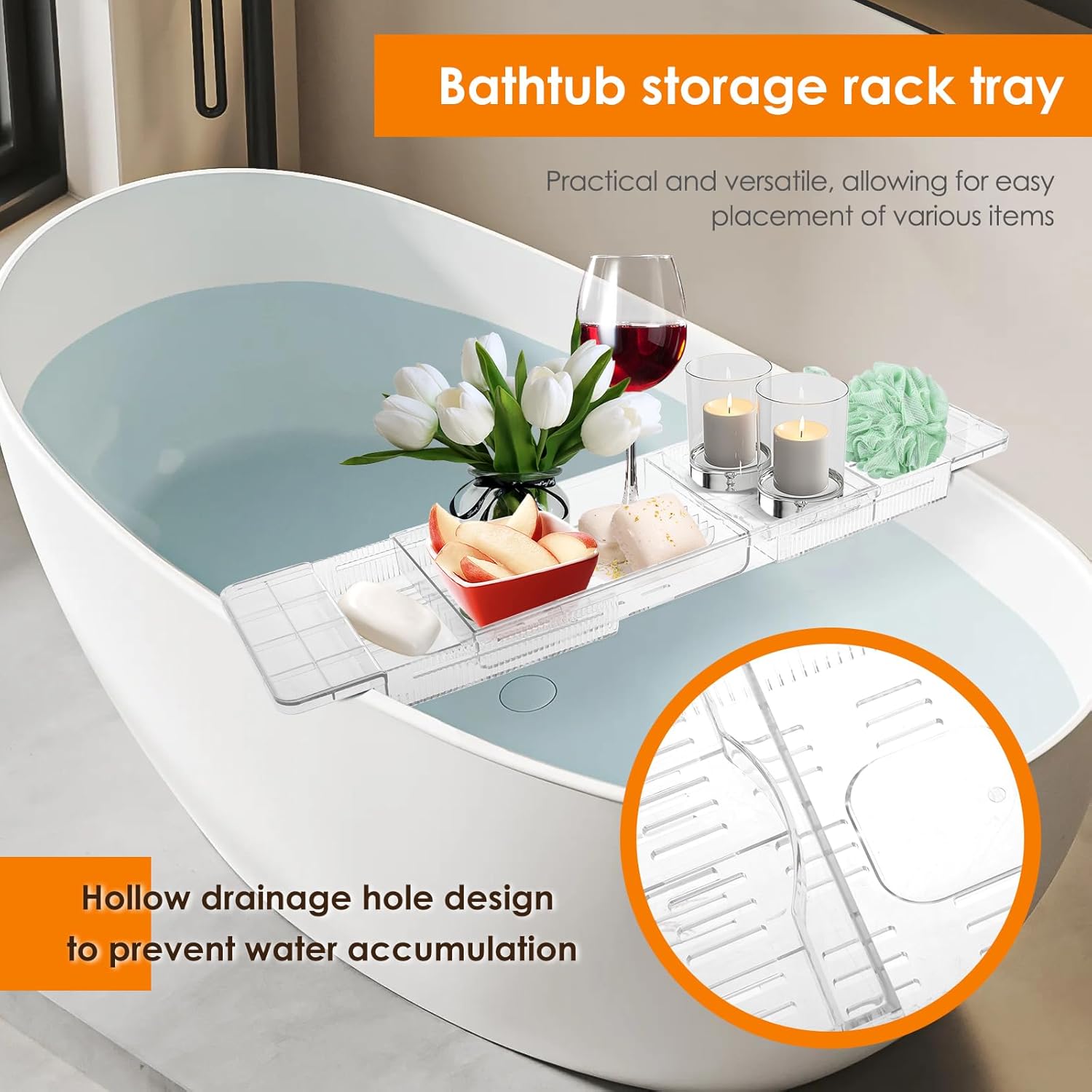 Adjustable Clear Bathtub Caddy Tray for Home