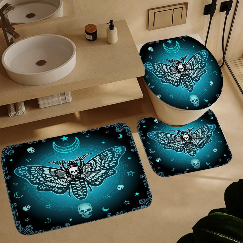 4 Pcs Death Moth Theme Shower Curtain Set with Rug and Mat