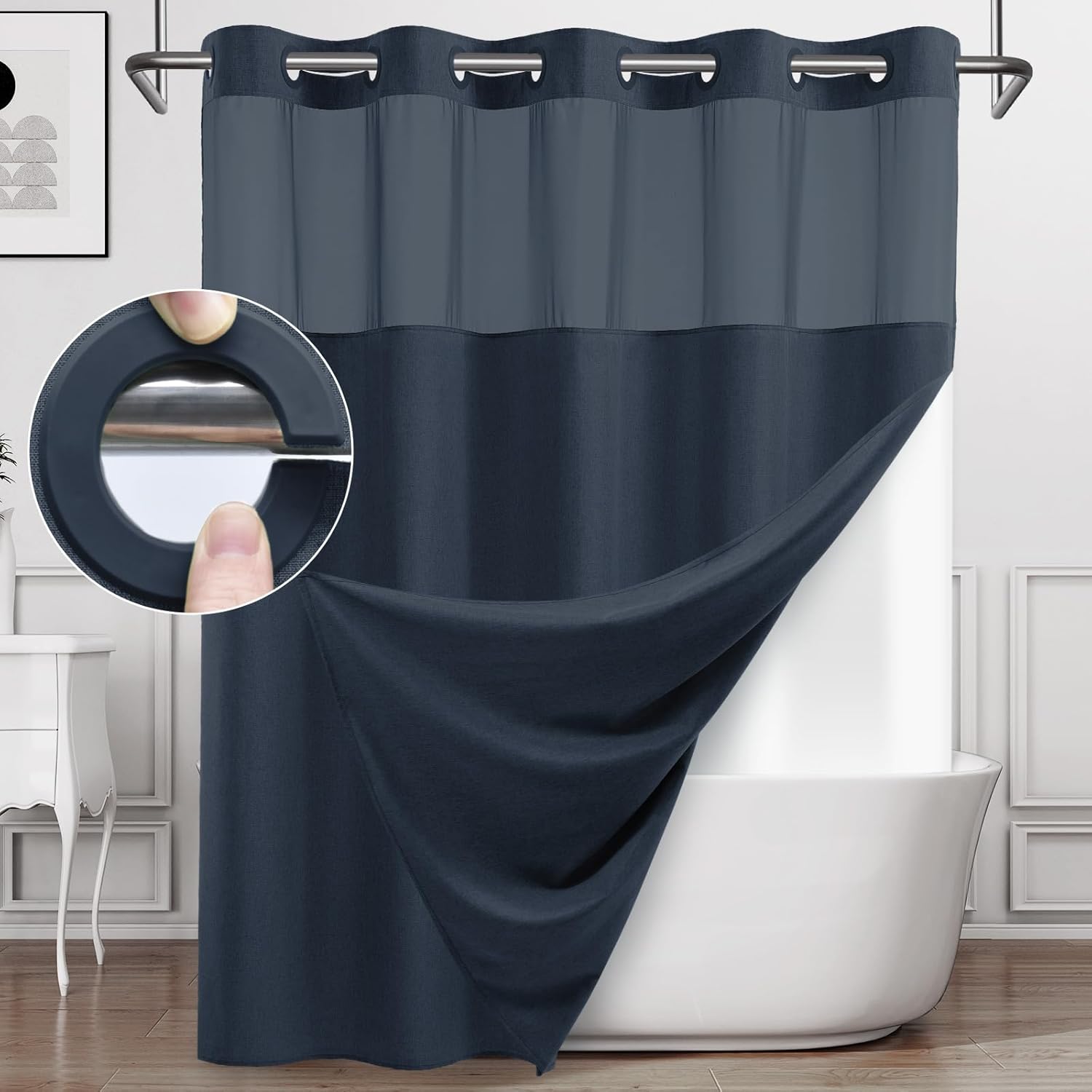 WONICY No Hook Shower Curtain Set with Liner Navy 71x74