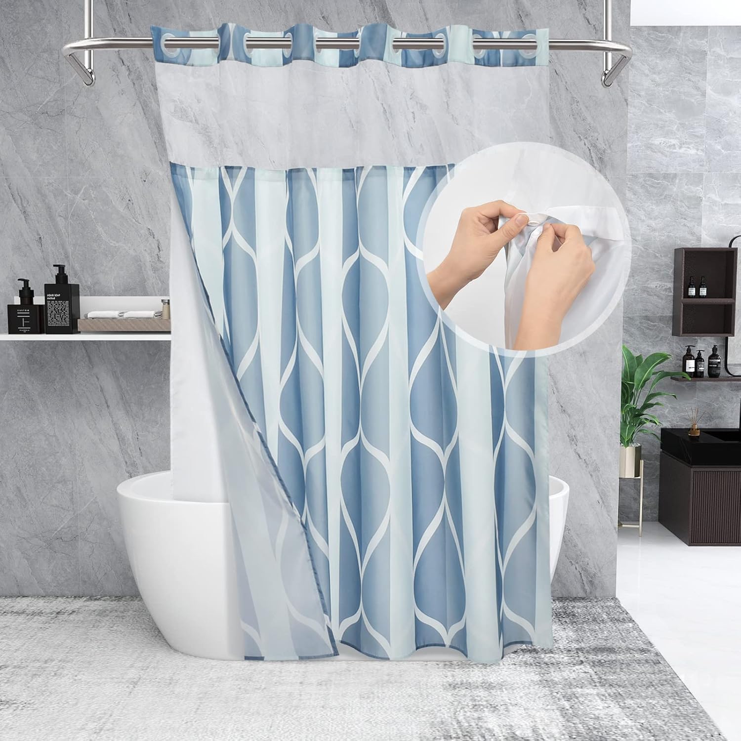 Yiatn No Hook Dark Blue Double Shower Curtain with Mesh Top Window