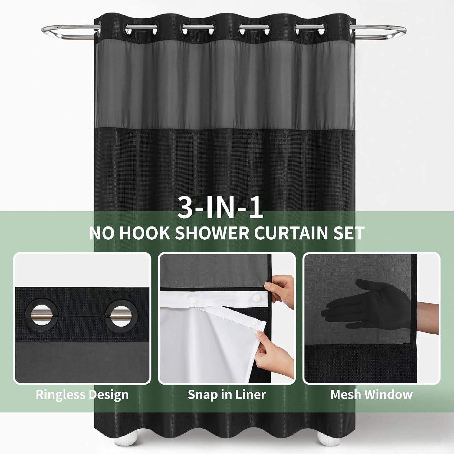 Eachope Black No Hook Shower Curtain with Snap-in Liner Set