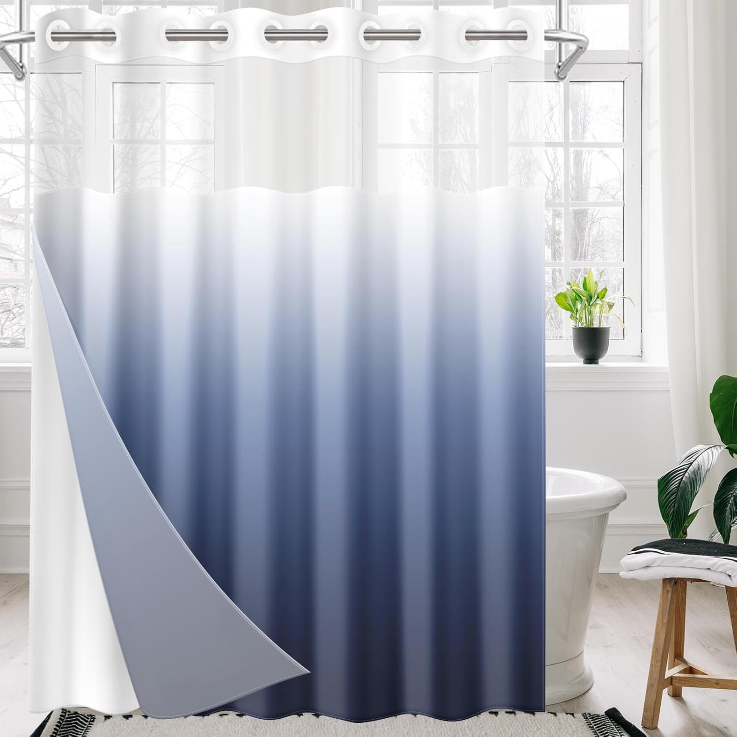 Nesphy No Hook Navy Blue Ombre Shower Curtain Set 1
