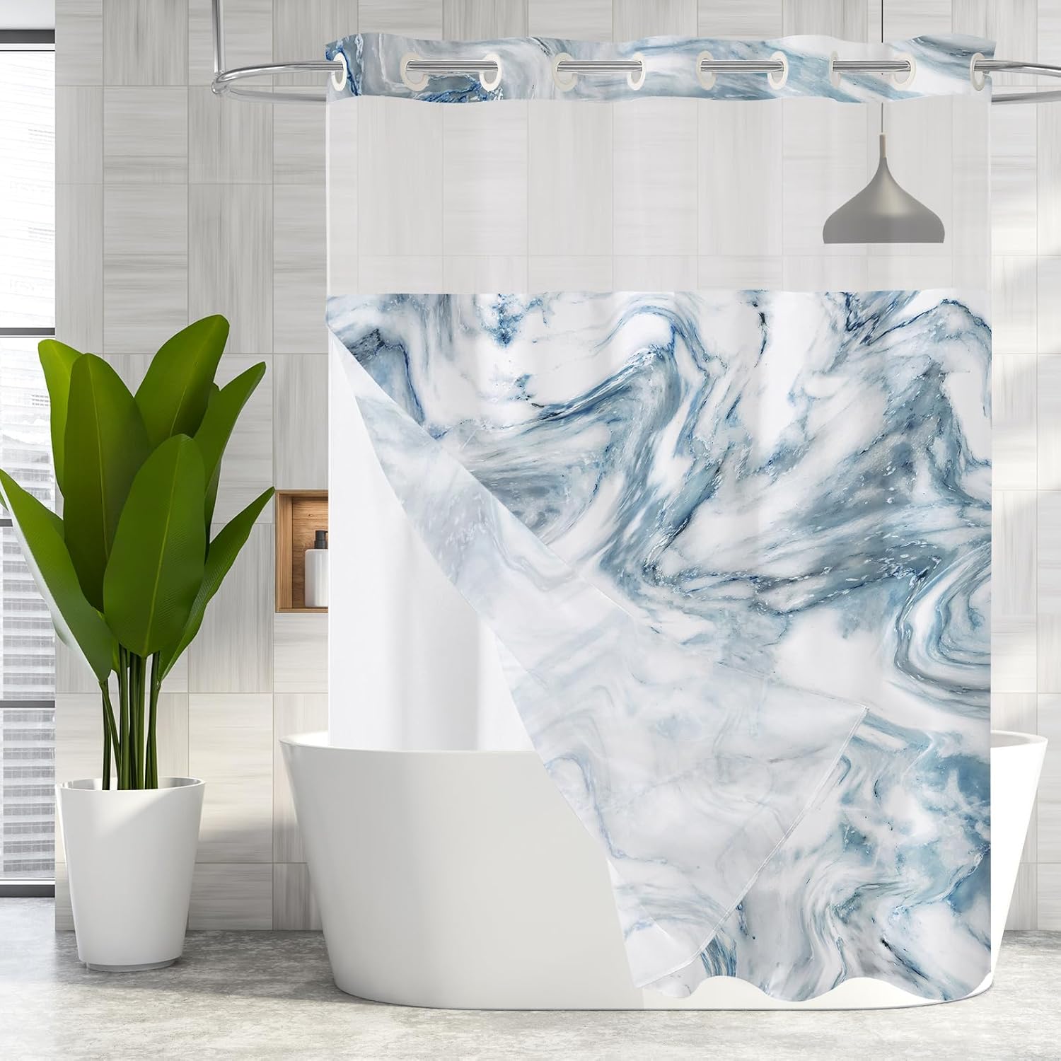 MitoVilla Blue Marble Shower Curtain Set 72x74 1