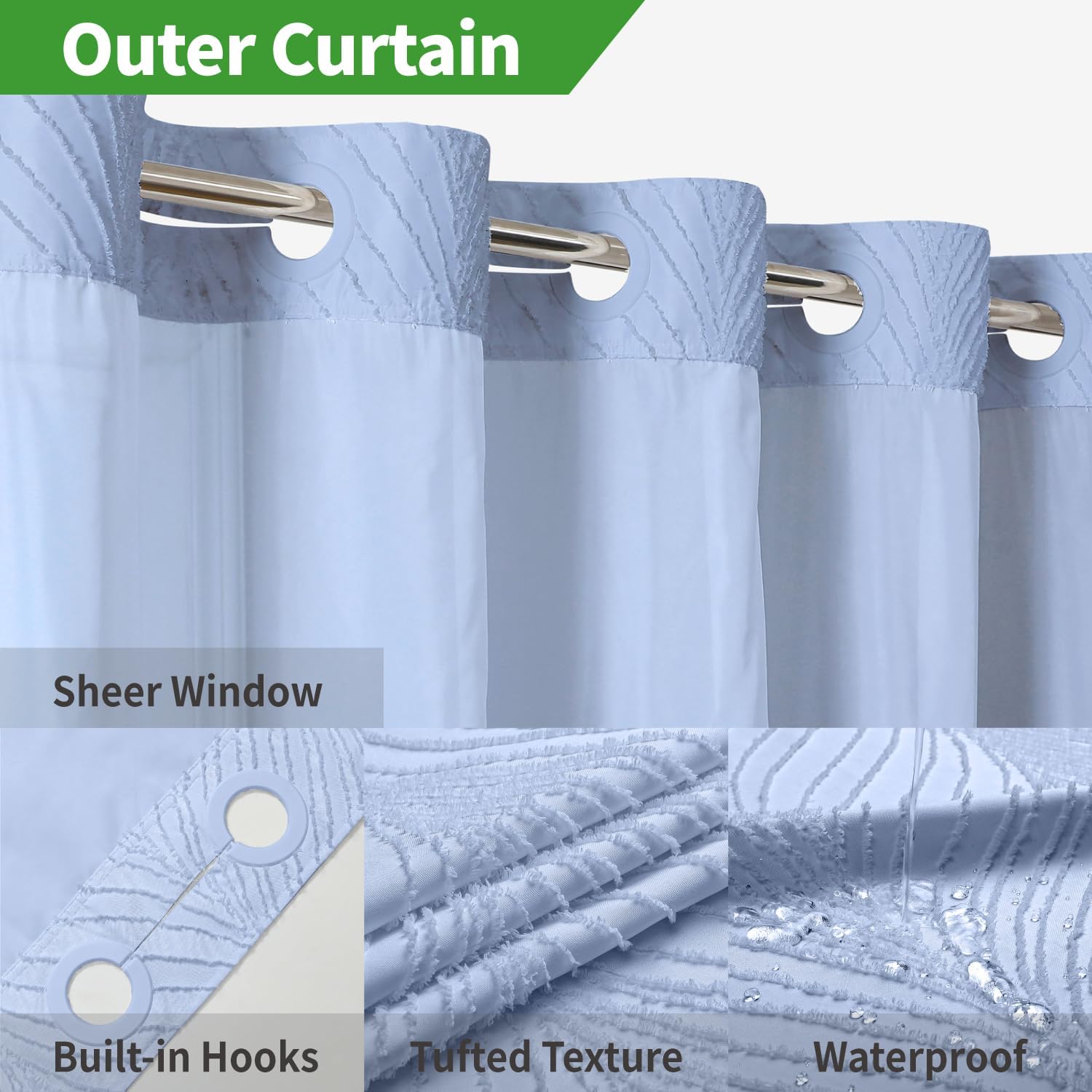 FrostBlue No Hook Boho Shower Curtain Set with Tufted Stripes