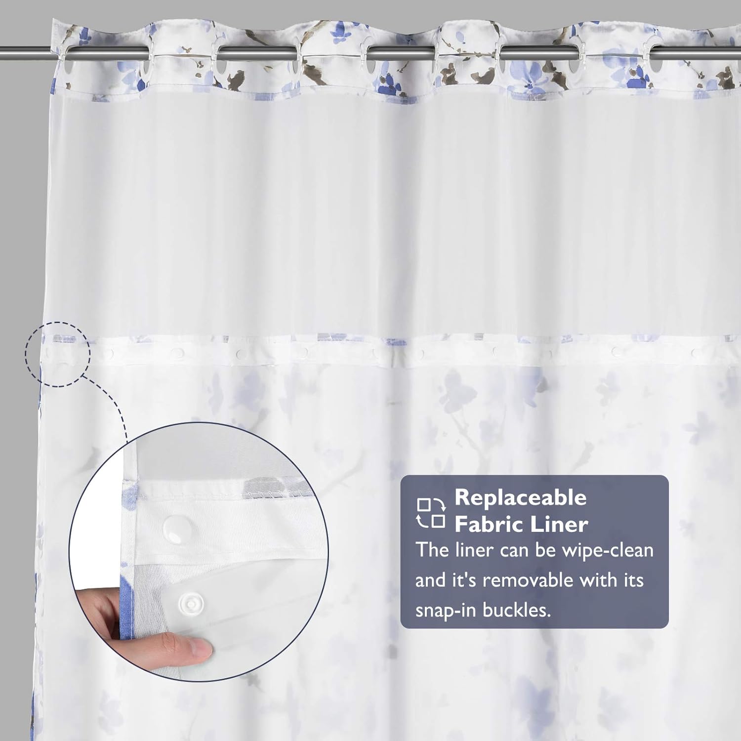 Lagute SnapHook Hook Free Shower Curtain with Liner and Mesh Window Blue Blossom