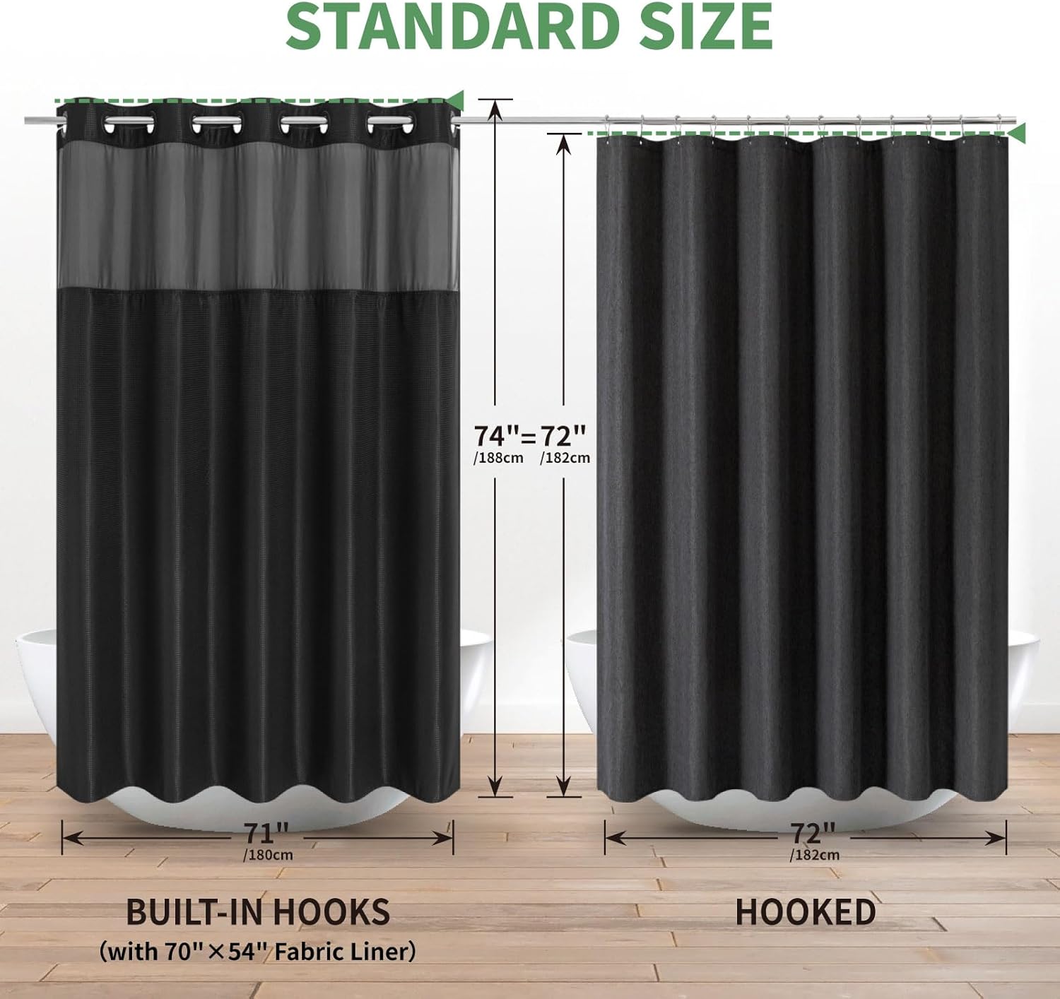 Eachope Black No Hook Shower Curtain with Snap-in Liner Set