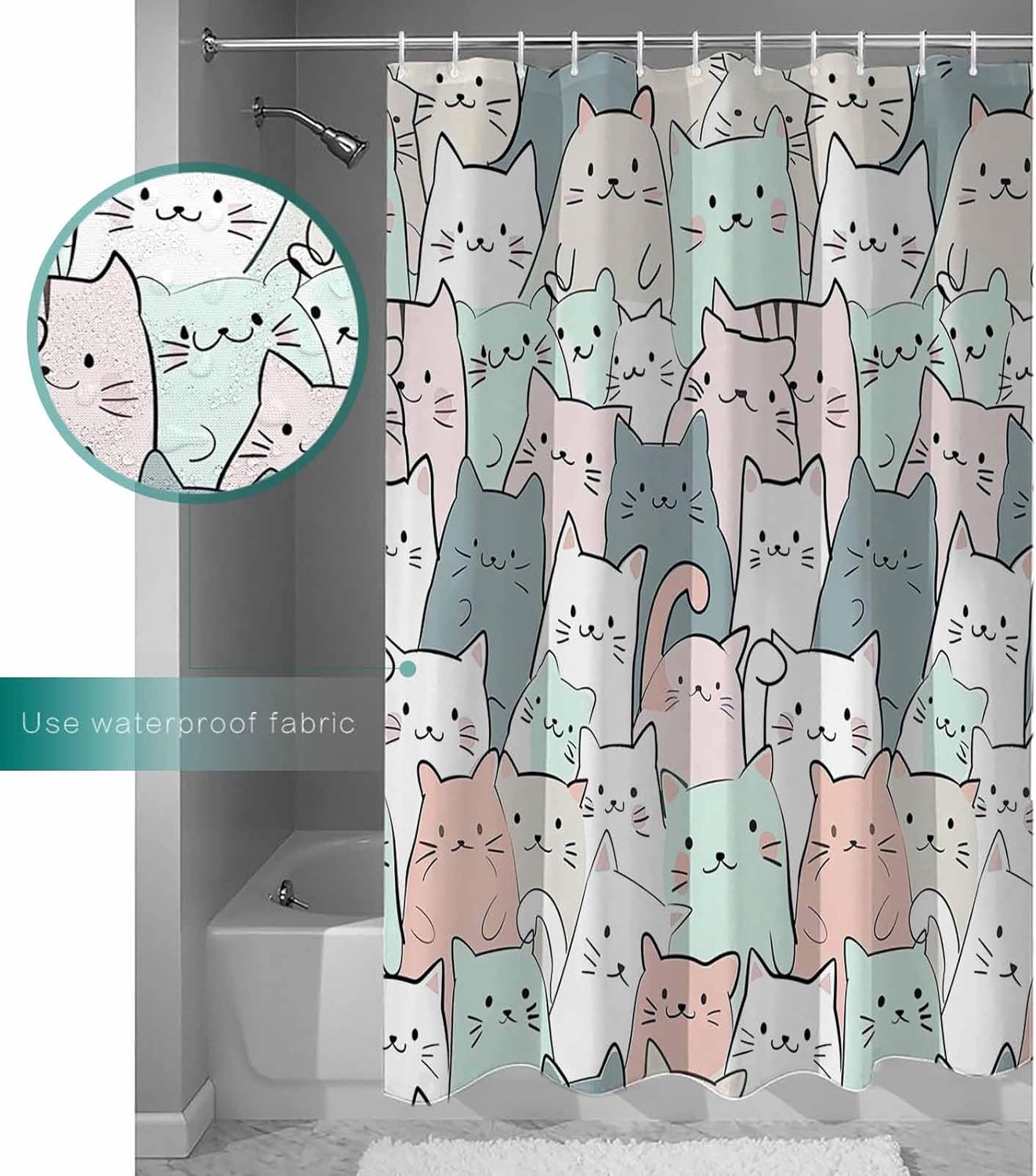 ZOE GARDEN Cartoon Cat Shower Curtain Set with Hook