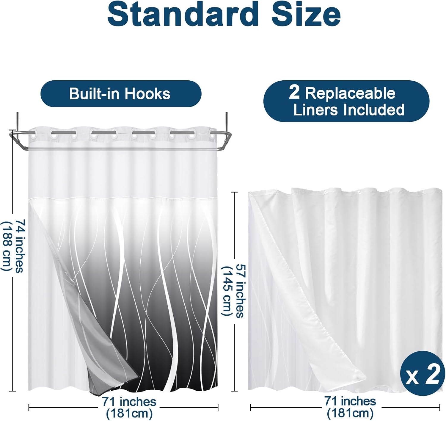 Likiyol Black Ombre No Hook Shower Curtain Set with 2Pcs Liner