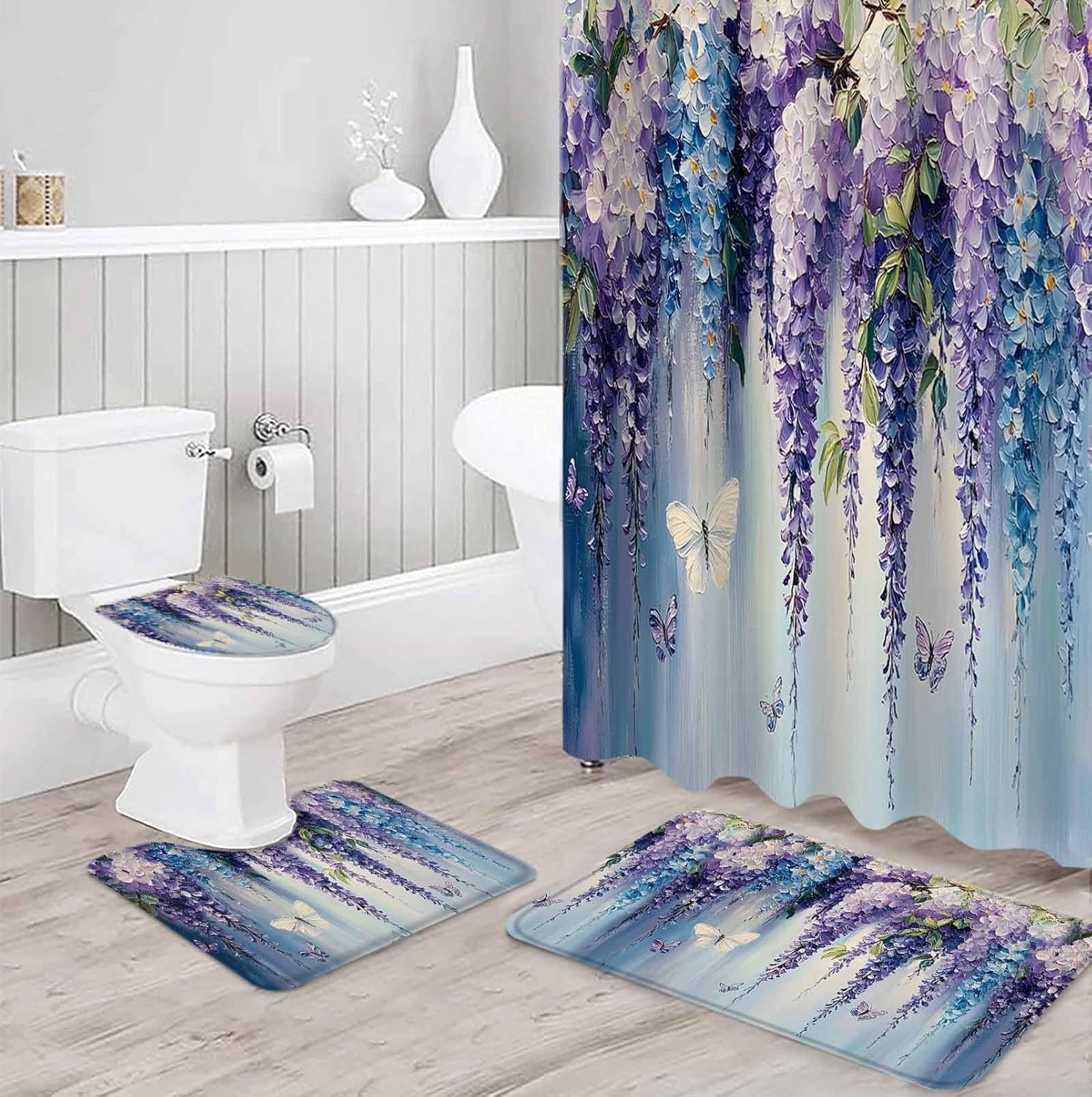 ZOE GARDEN Purple Blue Botanical Shower Curtain Set